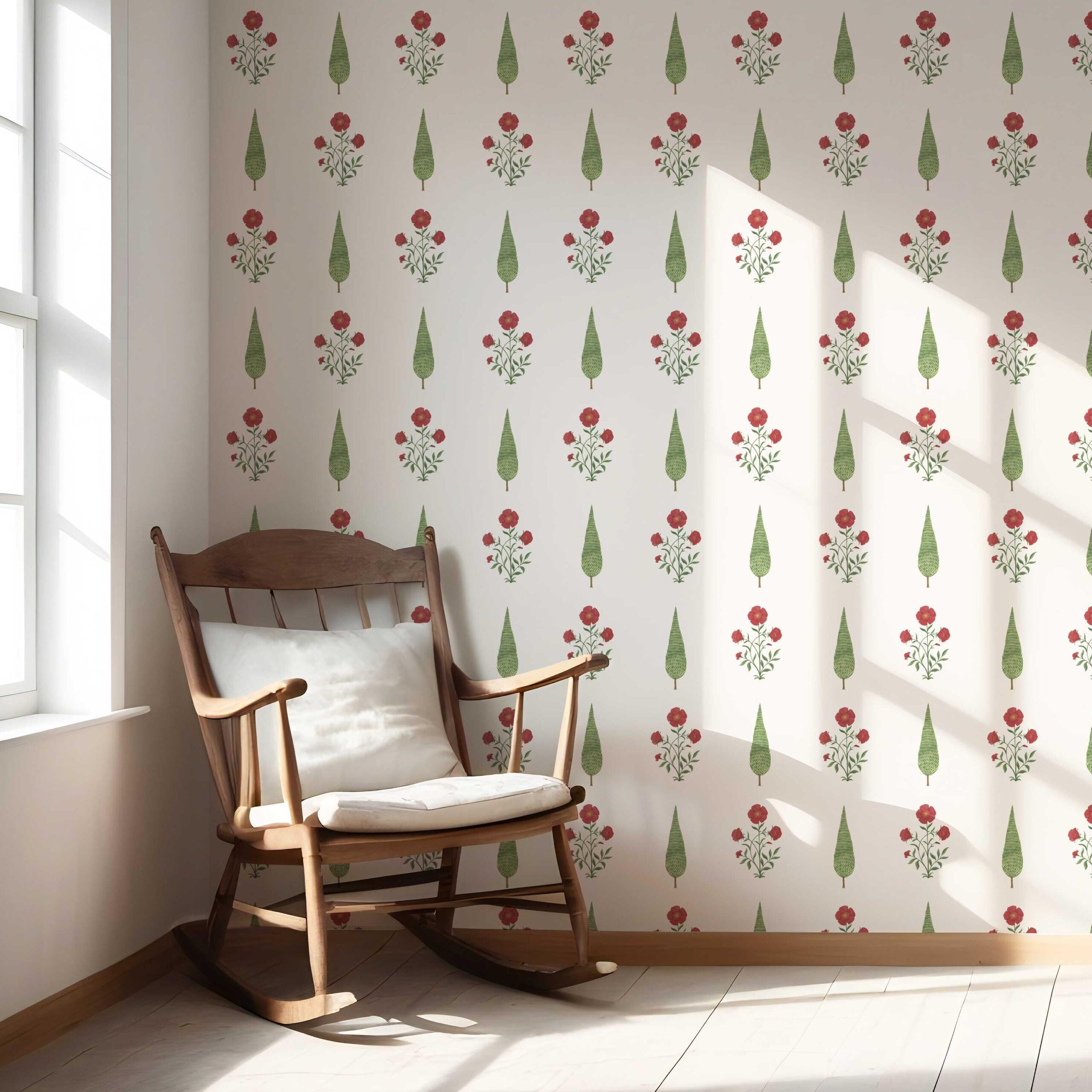 Botanical/ Floral Block Print Nursery Wallpaper Sample (White/ Red/ Green)