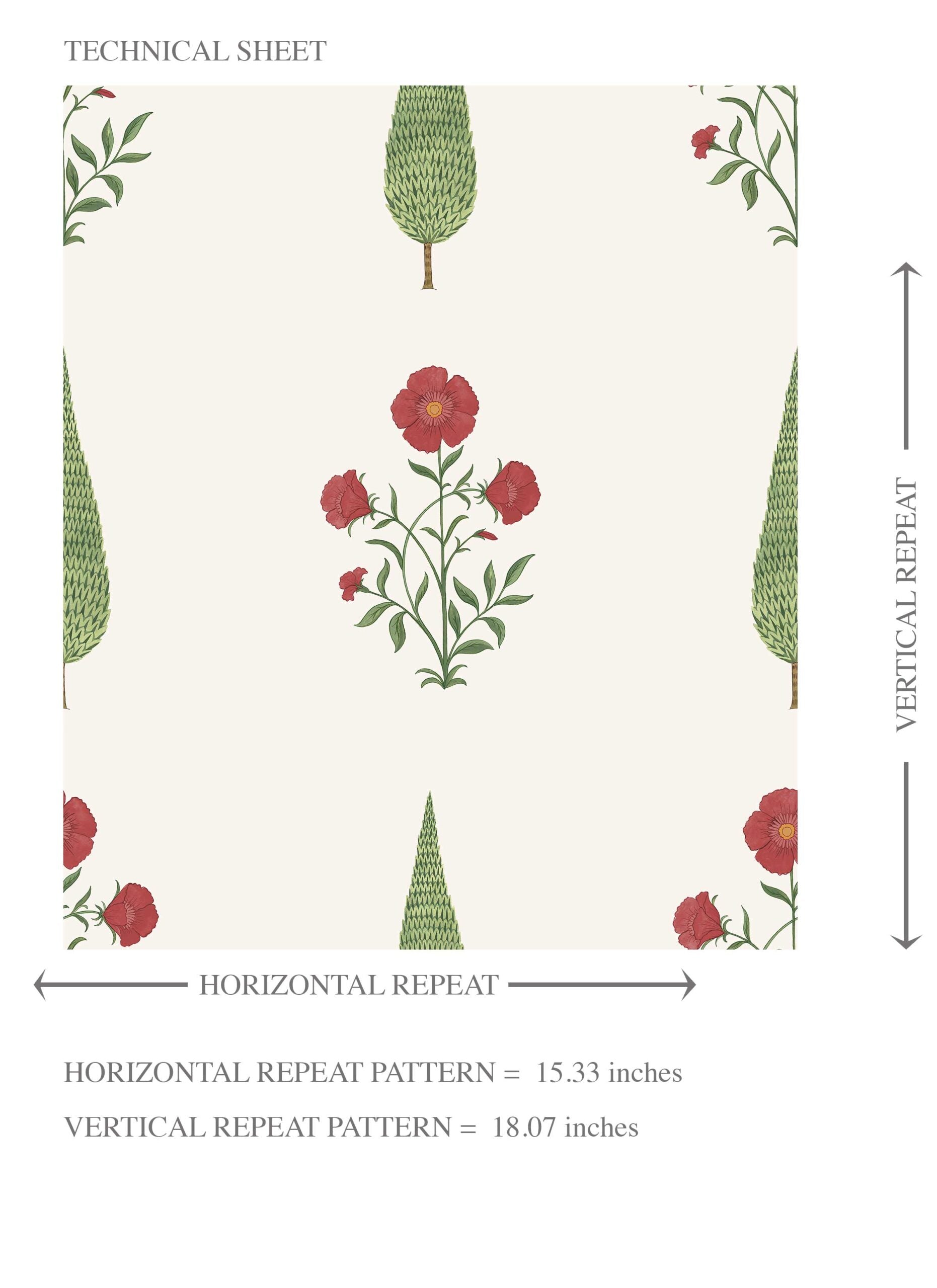 Botanical/ Floral Block Print Kids Room Wallpaper Sample (White/ Red/ Green)