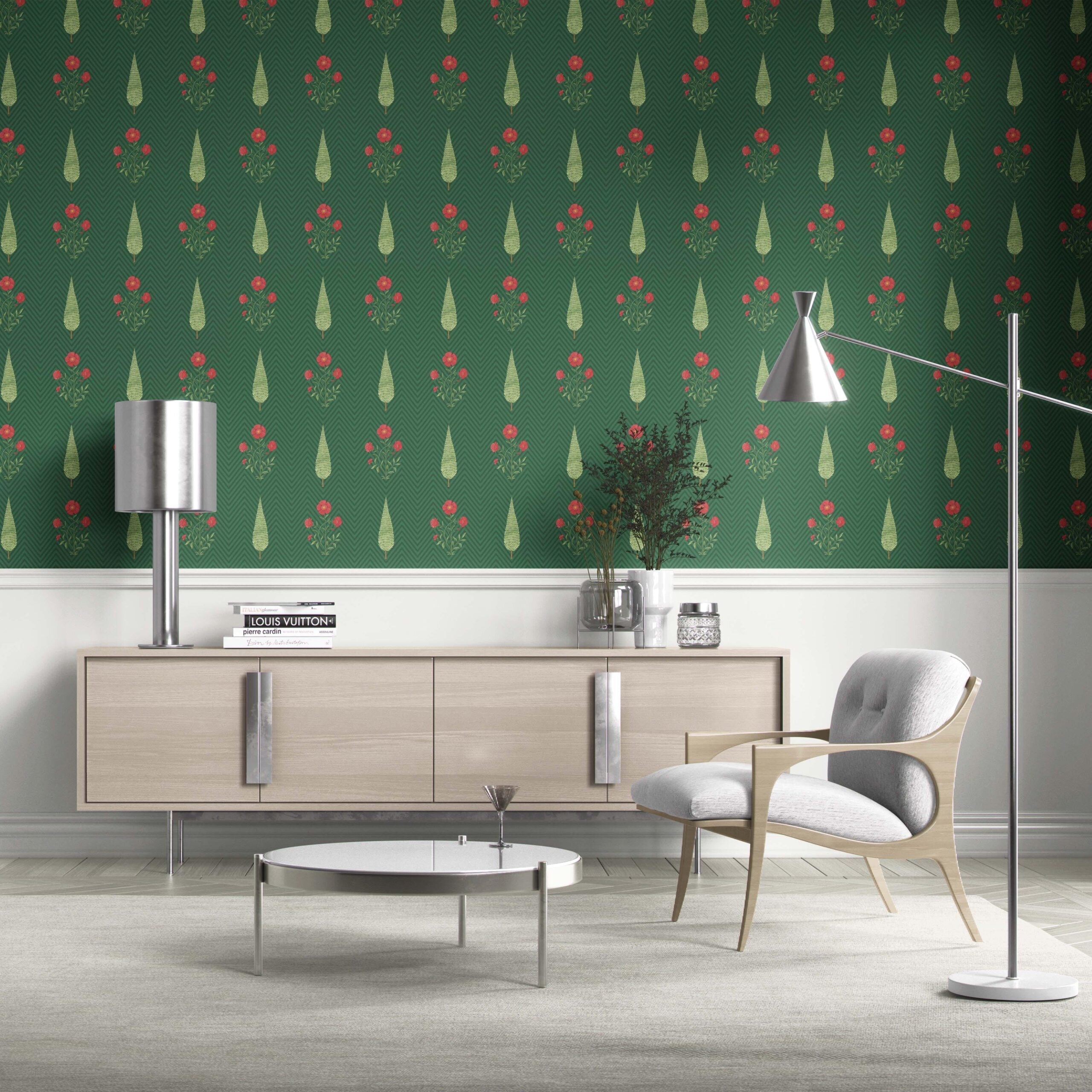Botanical/ Floral Block Print Kitchen Wallpaper (Emerald Green/ Red)