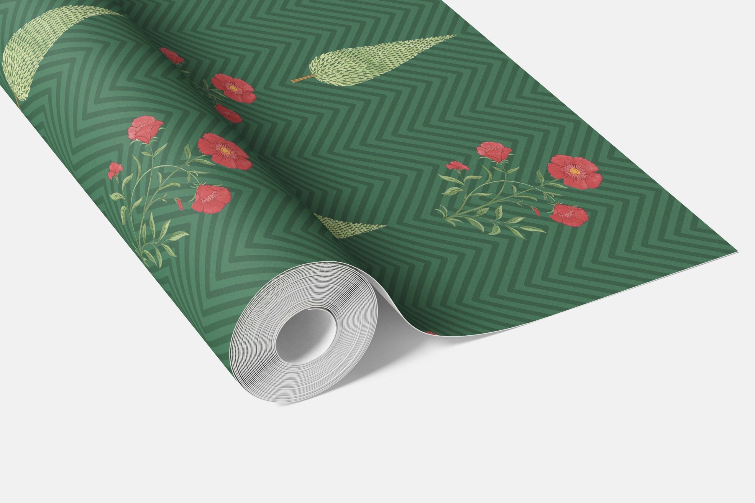 Botanical/ Floral Block Print Bathroom Wallpaper (Emerald Green/ Red)