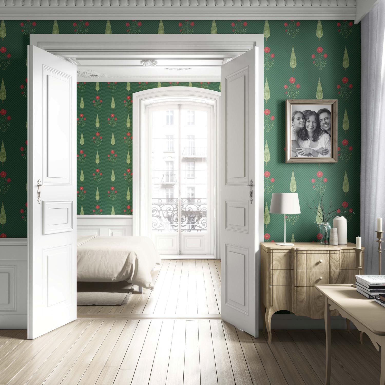 Botanical/ Floral Block Print Living Room Wallpaper (Emerald Green/ Red)