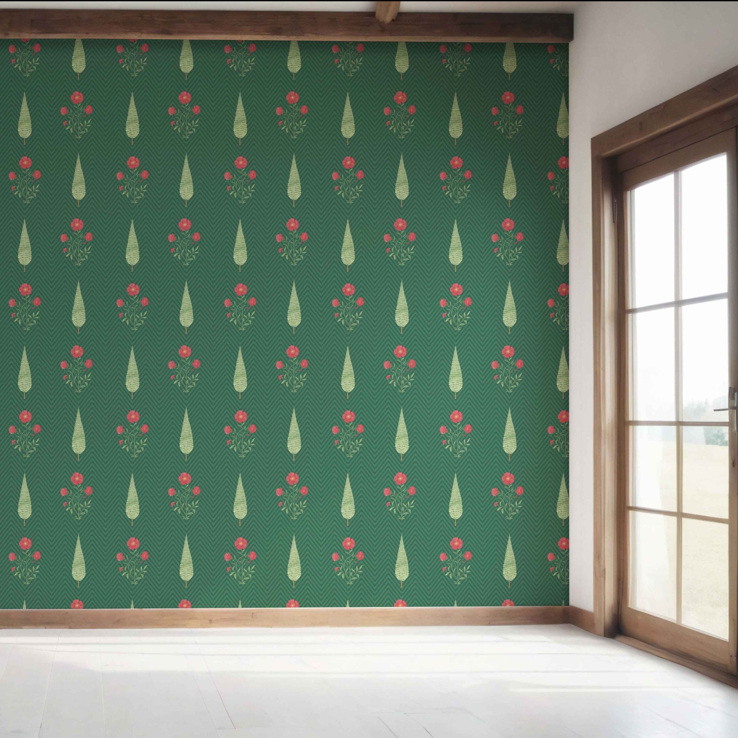 Botanical/ Floral Block Print Bedroom Wallpaper (Emerald Green/ Red)