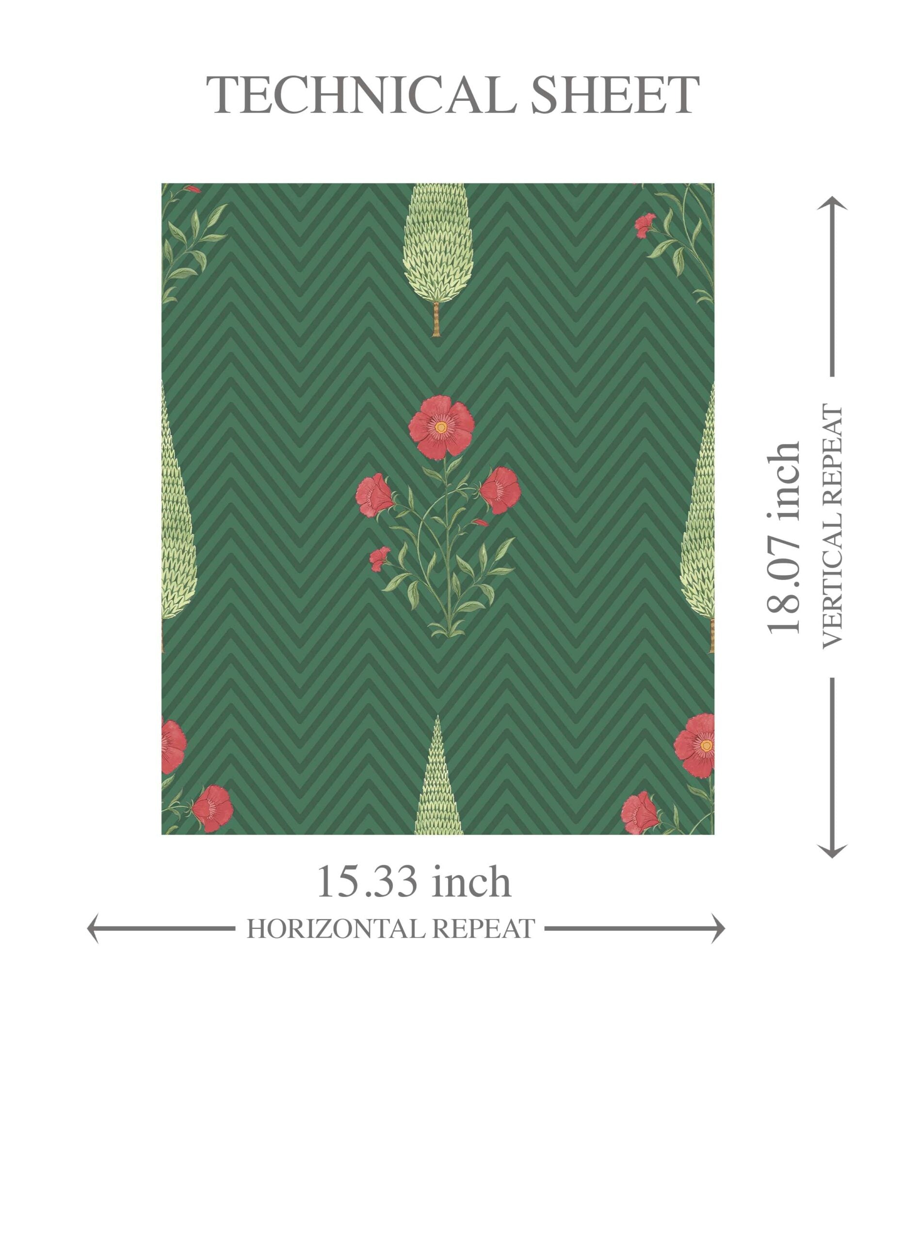 Botanical/ Floral Block Print Kids Room Wallpaper (Emerald Green/ Red)