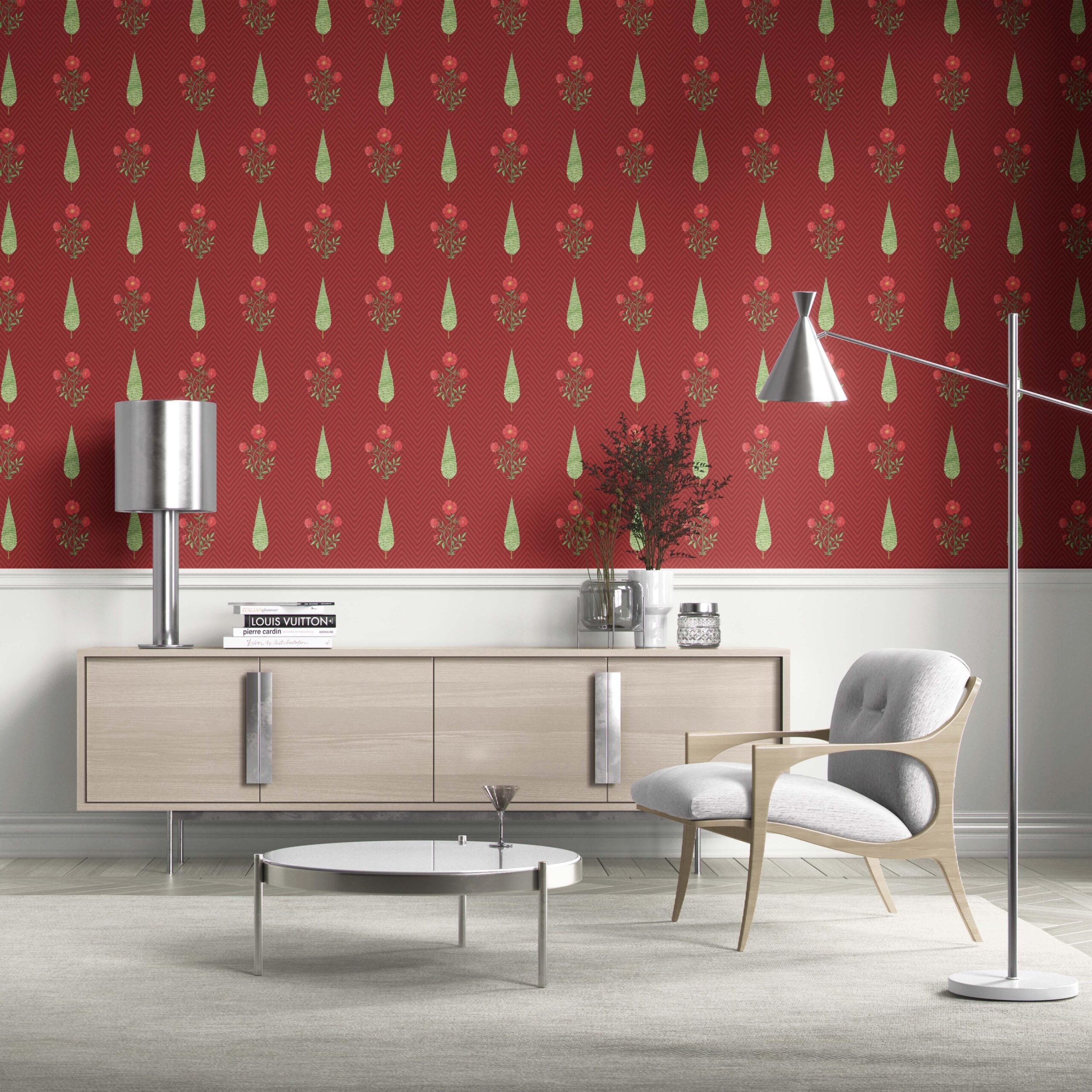 Botanical/ Floral Block Print Kitchen Wallpaper Sample (Red/ Pink/ Green)