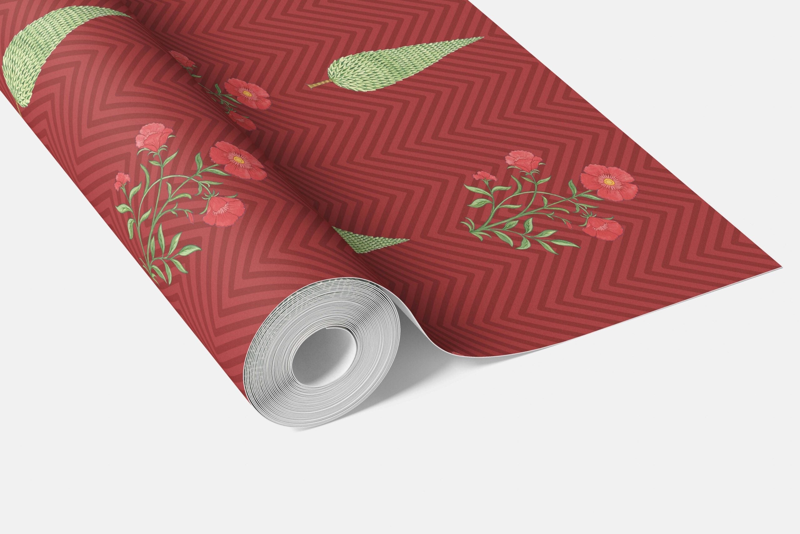Botanical/ Floral Block Print Bathroom Wallpaper Sample (Red/ Pink/ Green)