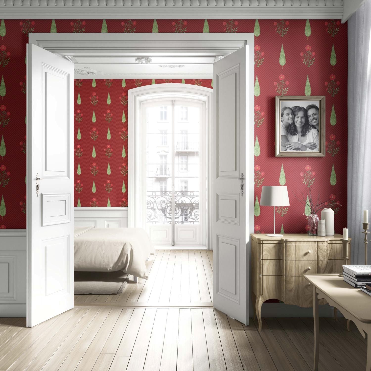 Botanical/ Floral Block Print Living Room Wallpaper Sample (Red/ Pink/ Green)