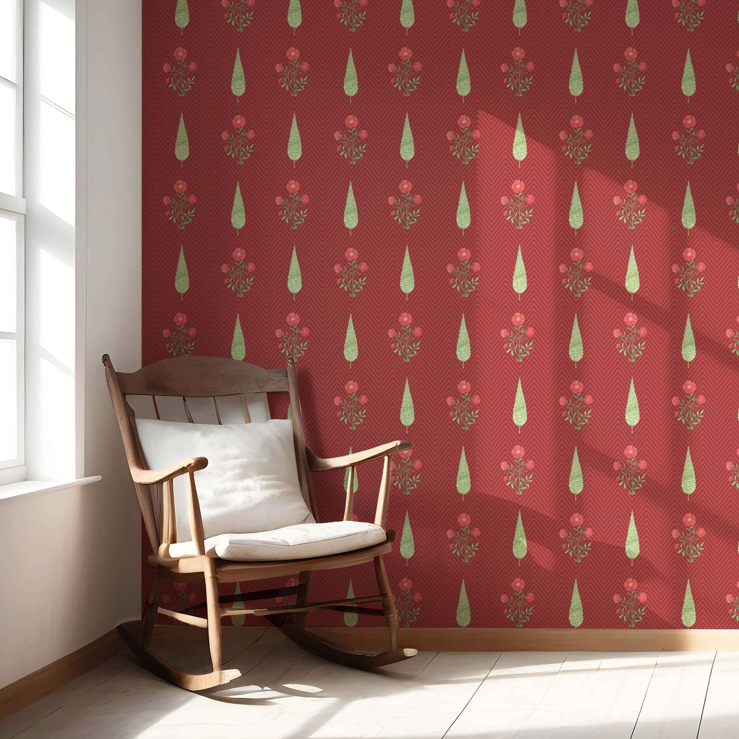 Botanical/ Floral Block Print Nursery Wallpaper Sample (Red/ Pink/ Green)
