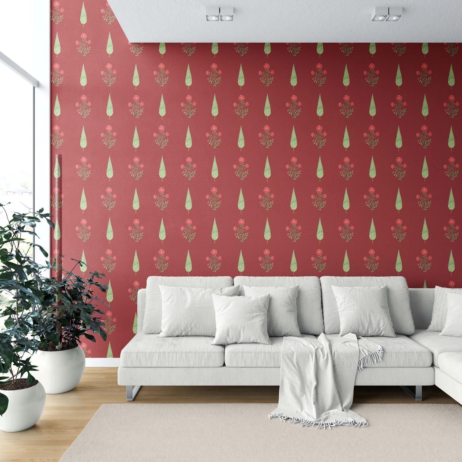 Botanical/ Floral Block Print Shower Toilet Wallpaper Sample (Red/ Pink/ Green)