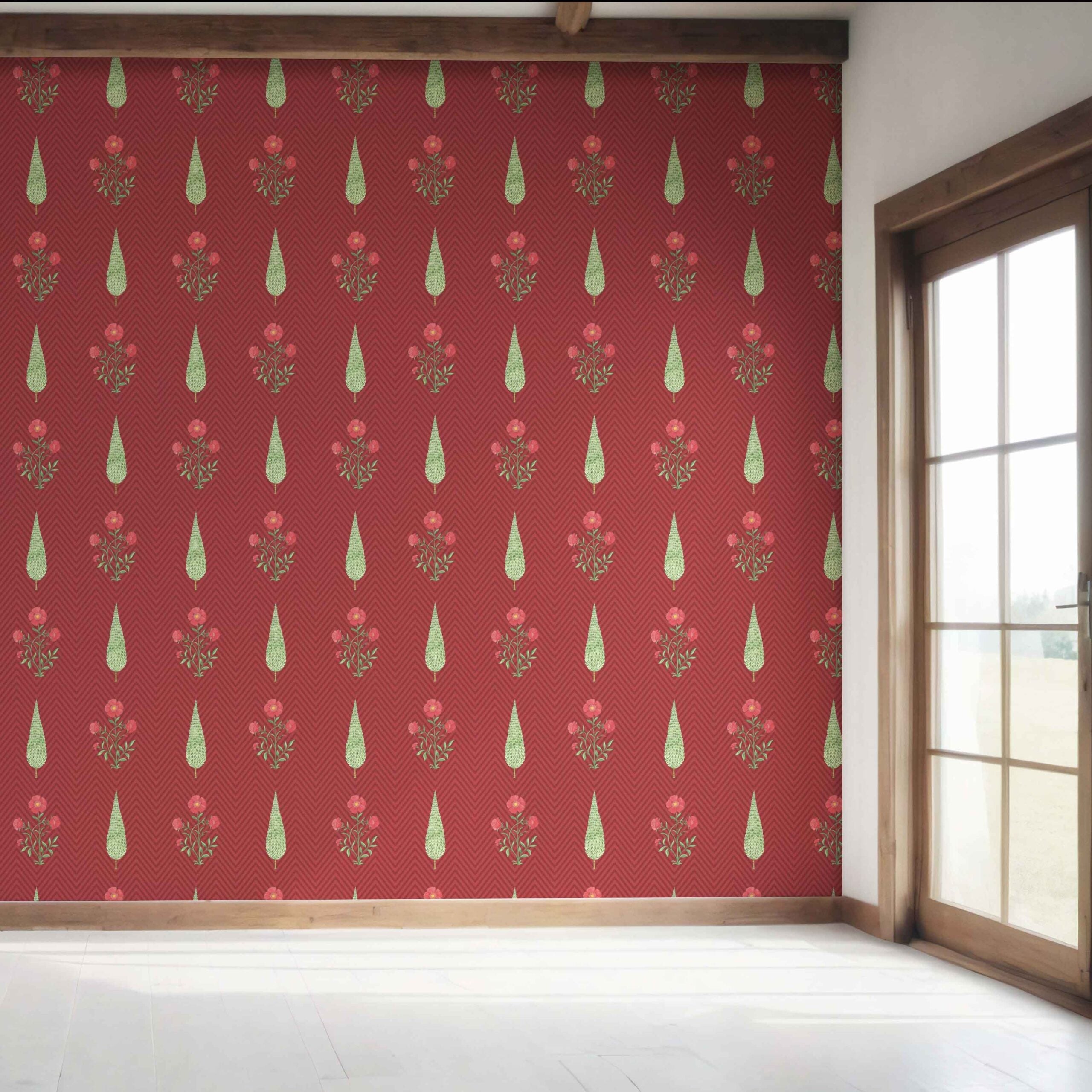 Botanical/ Floral Block Print Bedroom Wallpaper Sample (Red/ Pink/ Green)