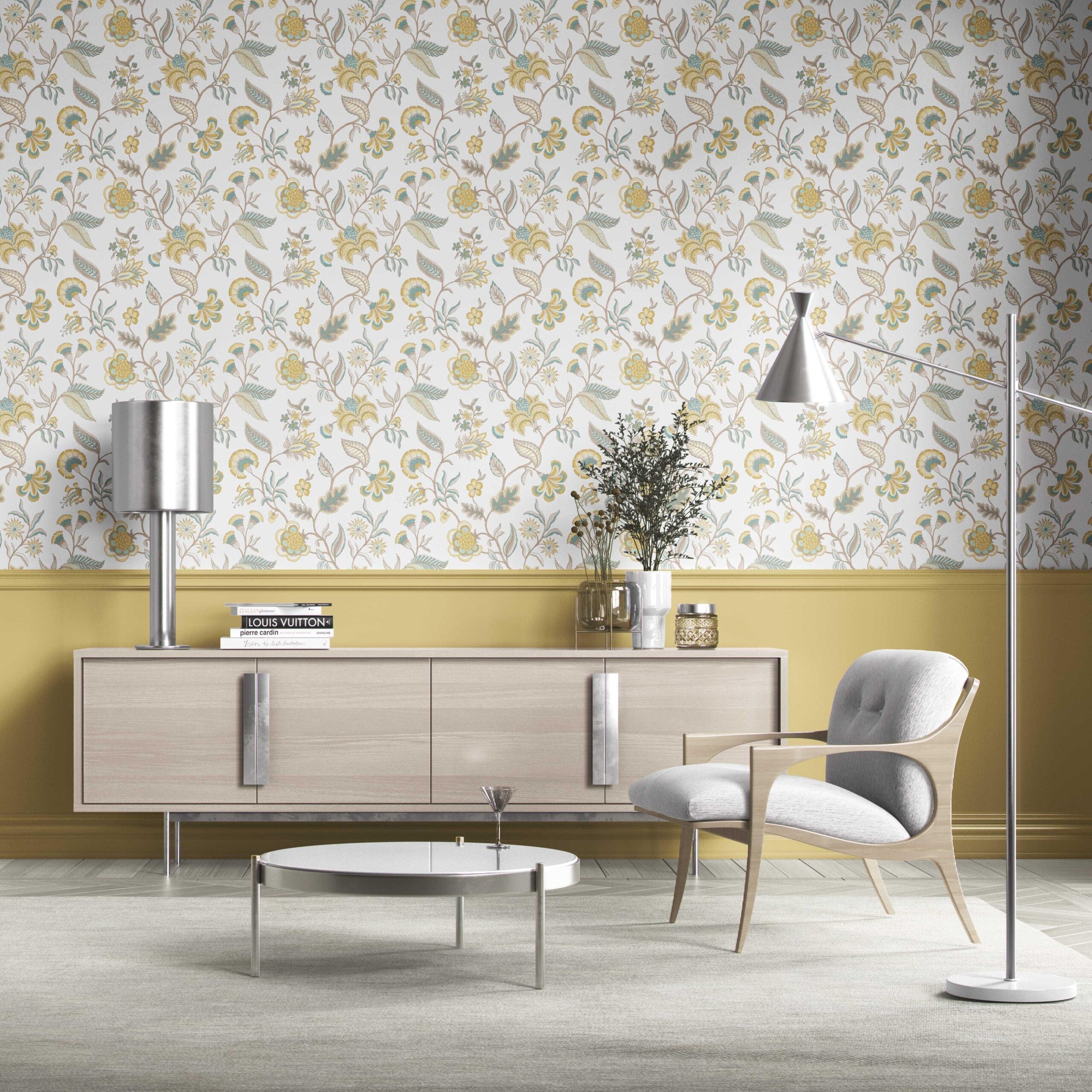 Botanical/ Floral Chinoiserie Kitchen Wallpaper Sample (Yellow/ Blue/ Beige)