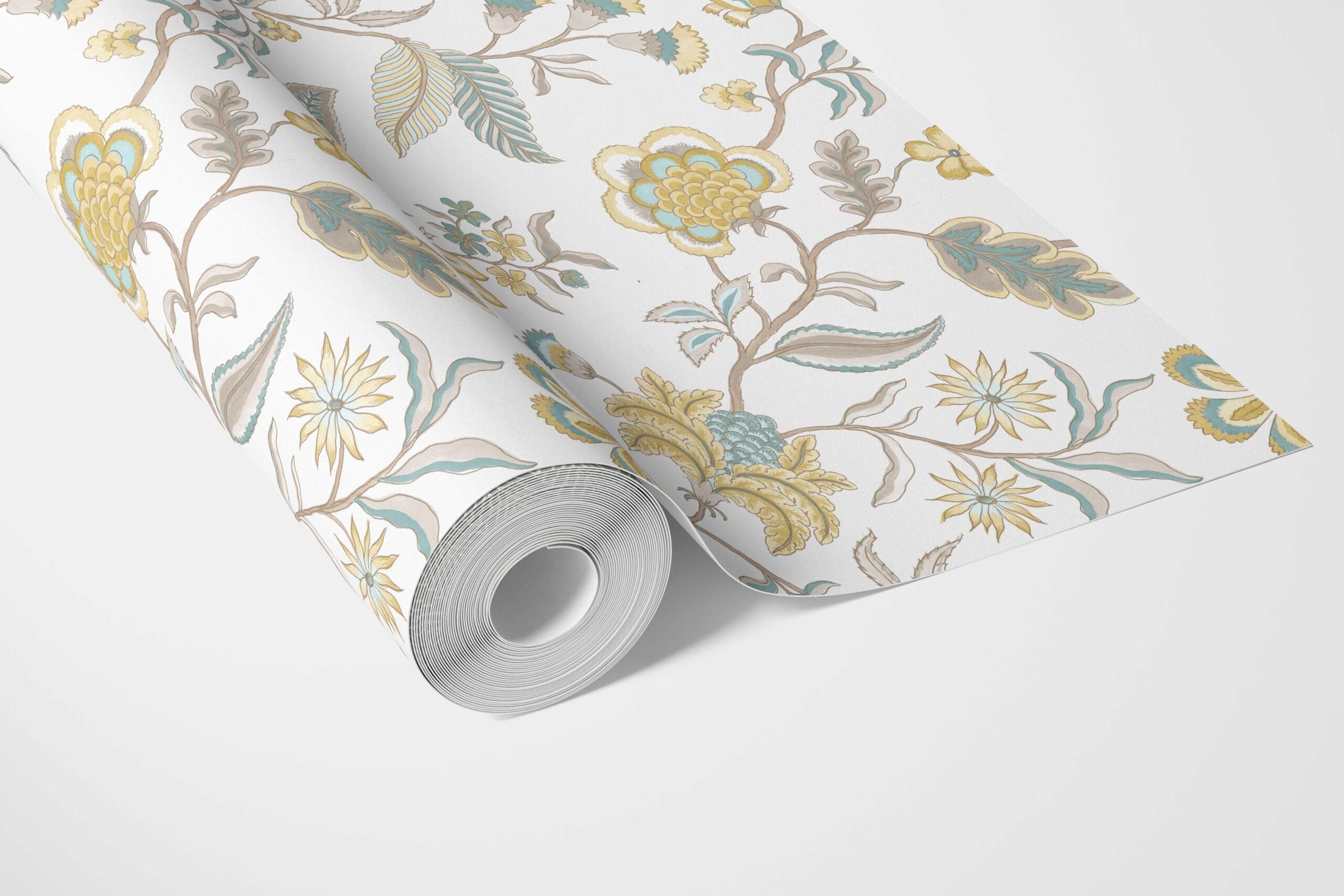 Botanical/ Floral Chinoiserie Bathroom Wallpaper Sample (Yellow/ Blue/ Beige)