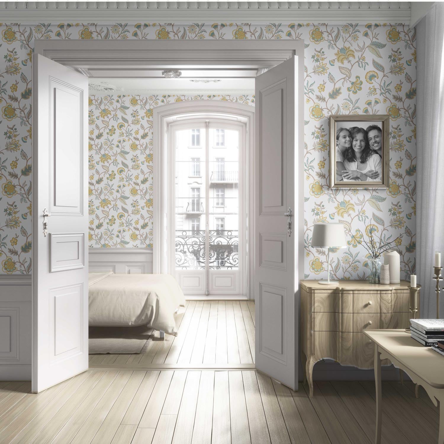 Botanical/ Floral Chinoiserie Living Room Wallpaper Sample (Yellow/ Blue/ Beige)
