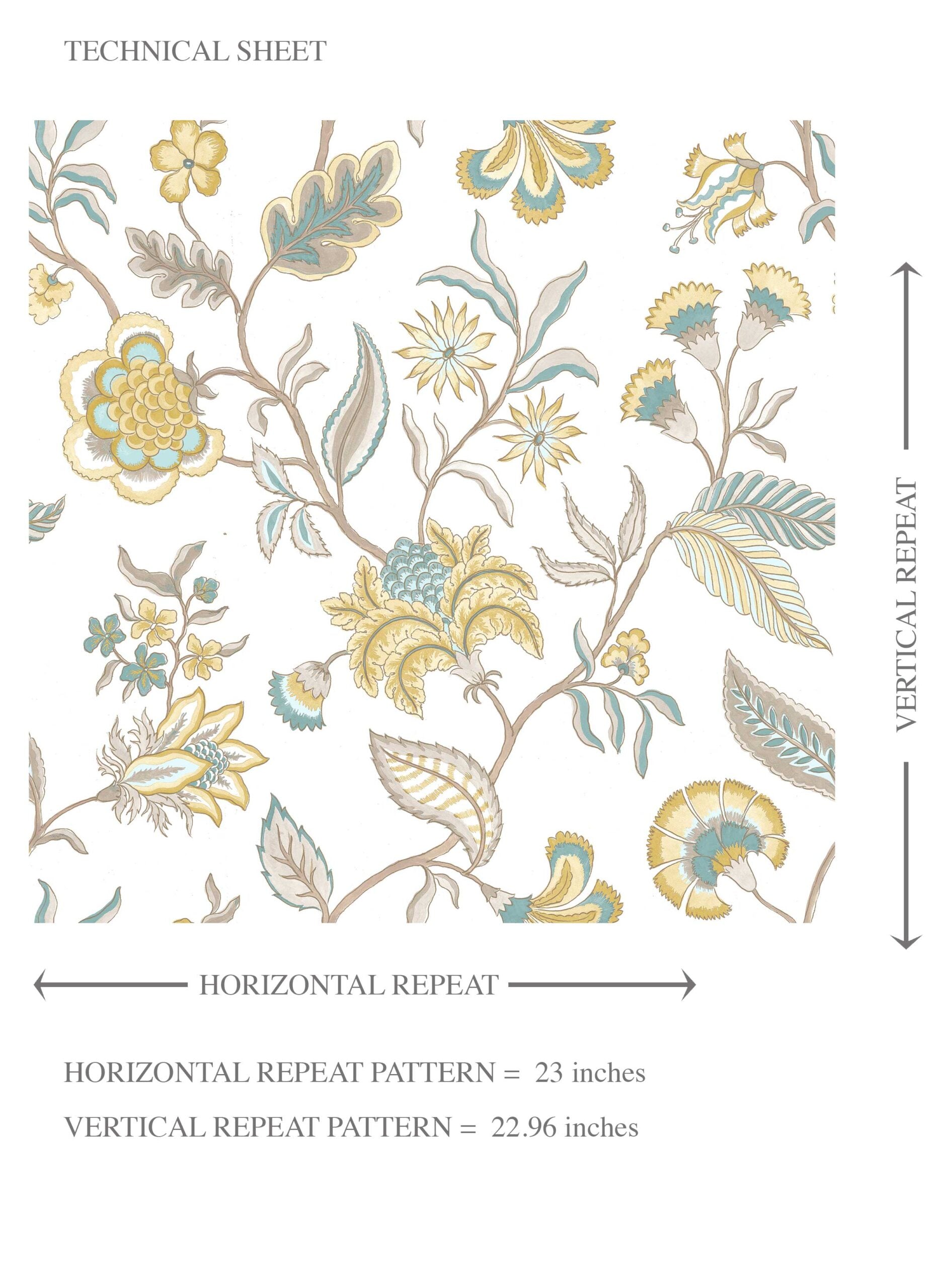 Botanical/ Floral Chinoiserie Kids Room Wallpaper Sample (Yellow/ Blue/ Beige)