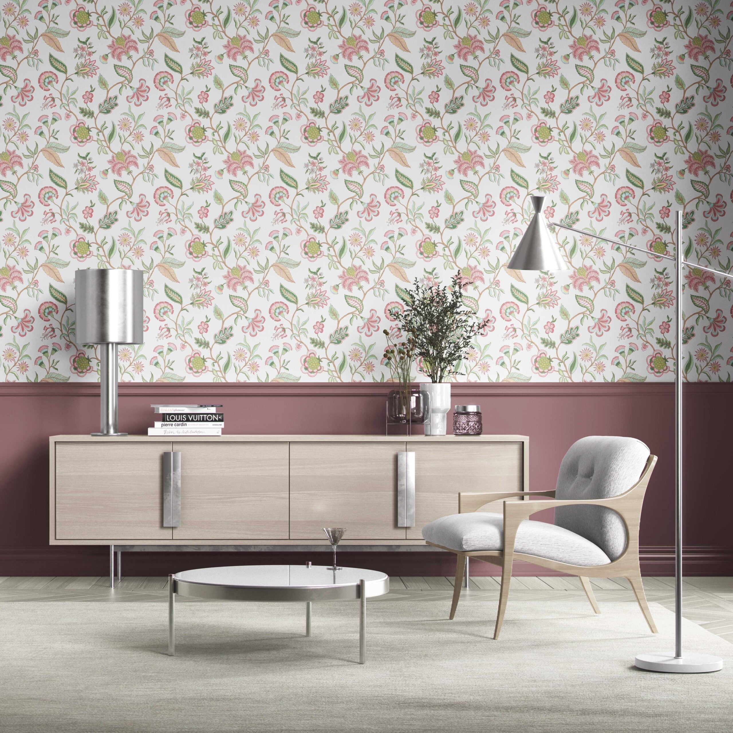 Botanical/ Floral Chinoiserie Kitchen Wallpaper (Pink/ Green/ Blue)