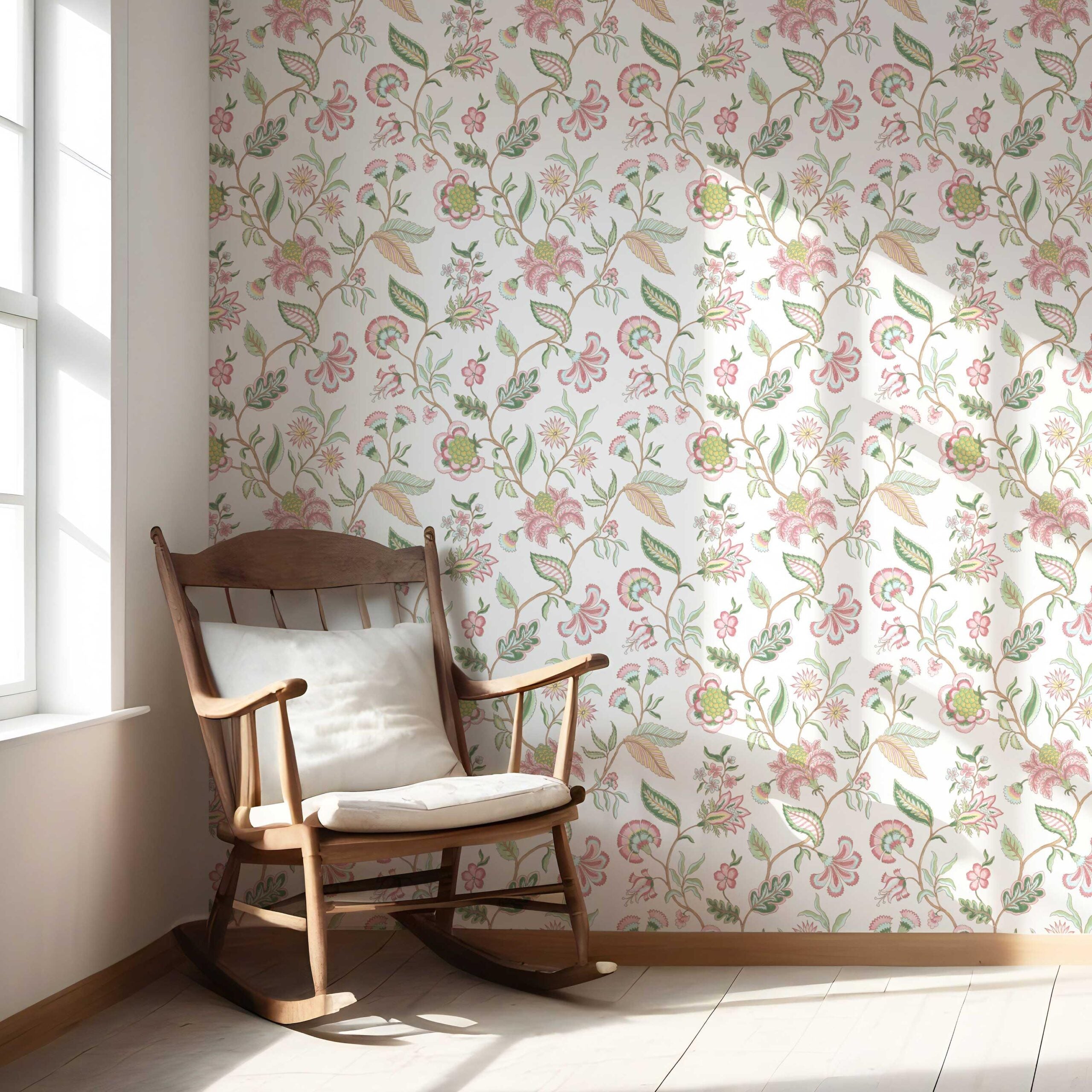 Botanical/ Floral Chinoiserie Nursery Wallpaper (Pink/ Green/ Blue)