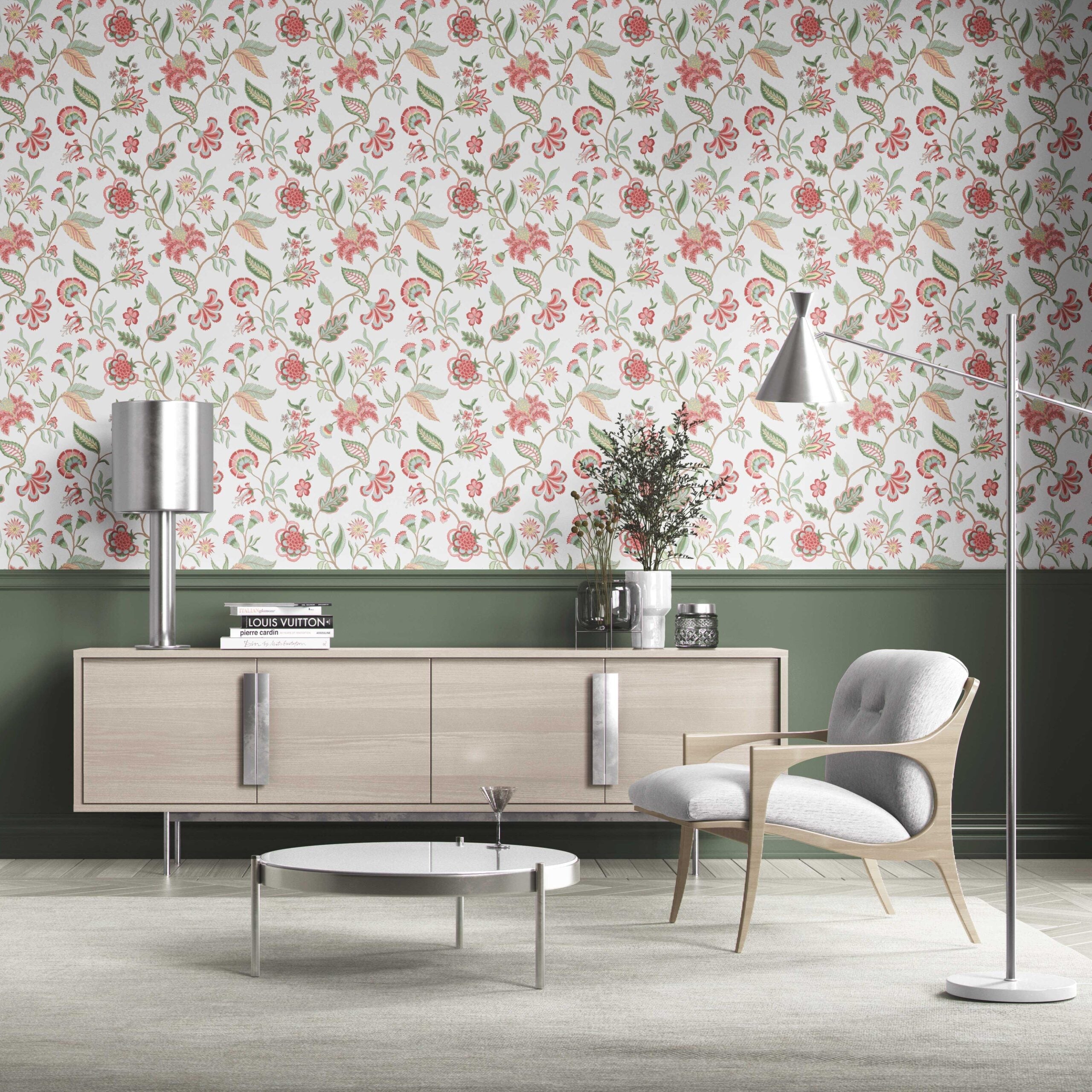 Botanical/ Floral Chinoiserie Kitchen Wallpaper Sample (Red/ Pink/ Green/ Blue)