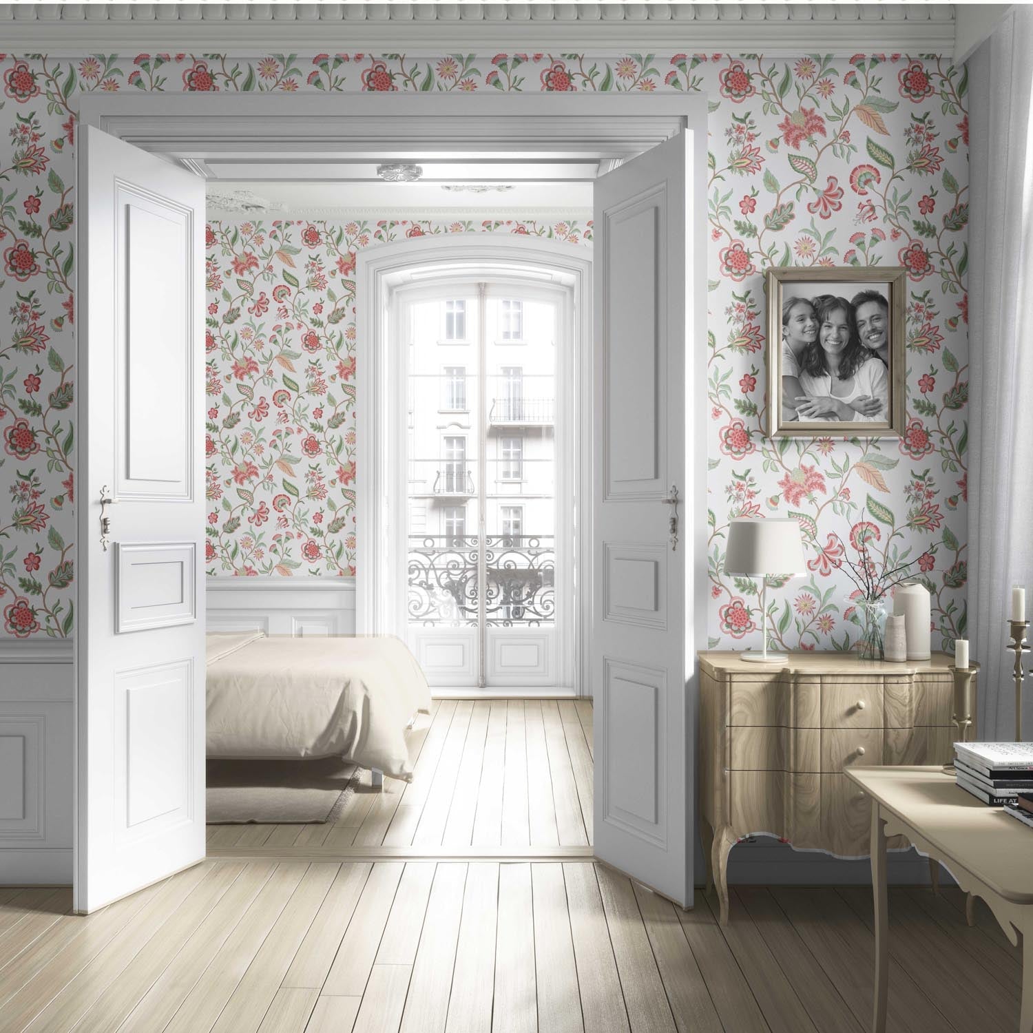 Botanical/ Floral Chinoiserie Living Room Wallpaper Sample (Red/ Pink/ Green/ Blue)