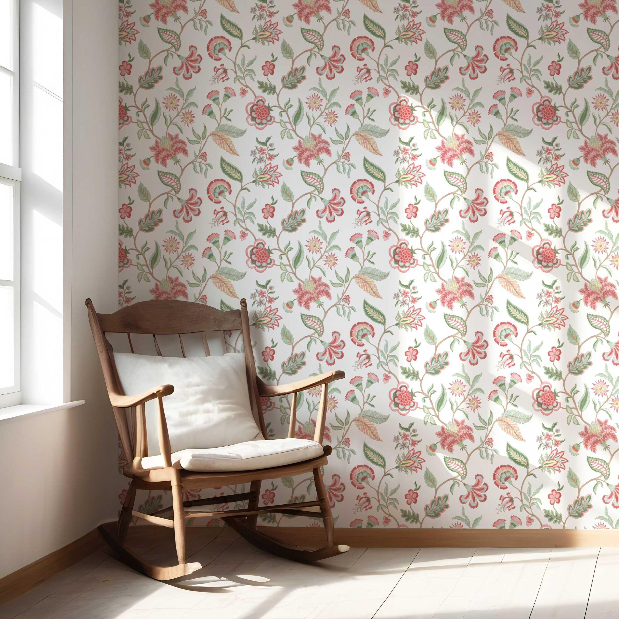 Botanical/ Floral Chinoiserie Nursery Wallpaper Sample (Red/ Pink/ Green/ Blue)