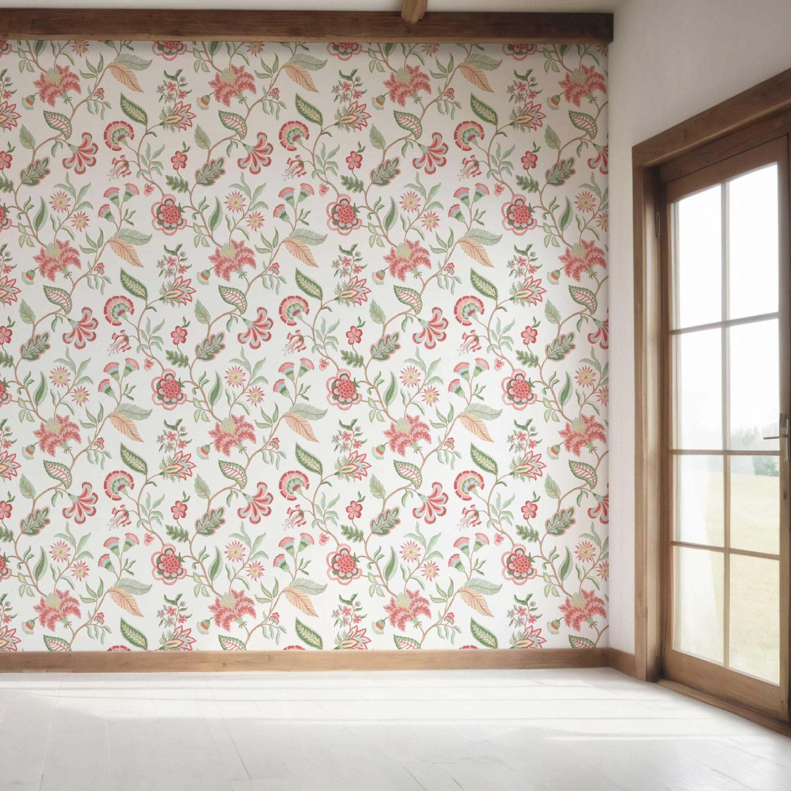 Botanical/ Floral Chinoiserie Bedroom Wallpaper Sample (Red/ Pink/ Green/ Blue)
