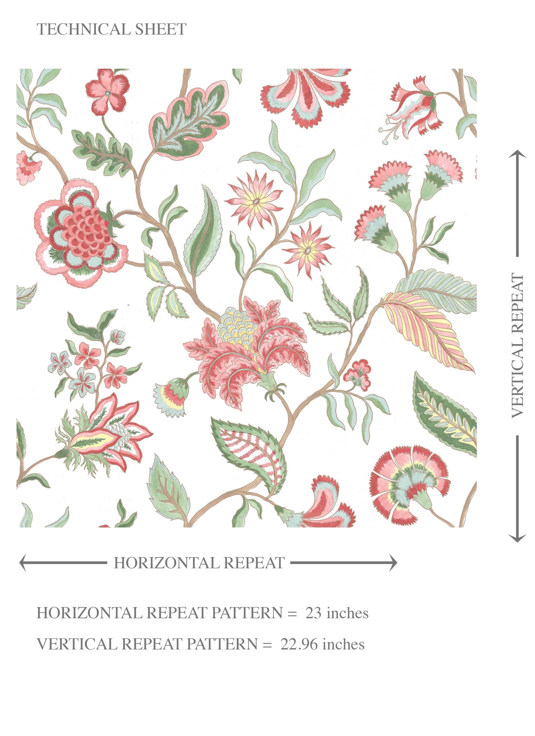 Botanical/ Floral Chinoiserie Kids Room Wallpaper Sample (Red/ Pink/ Green/ Blue)