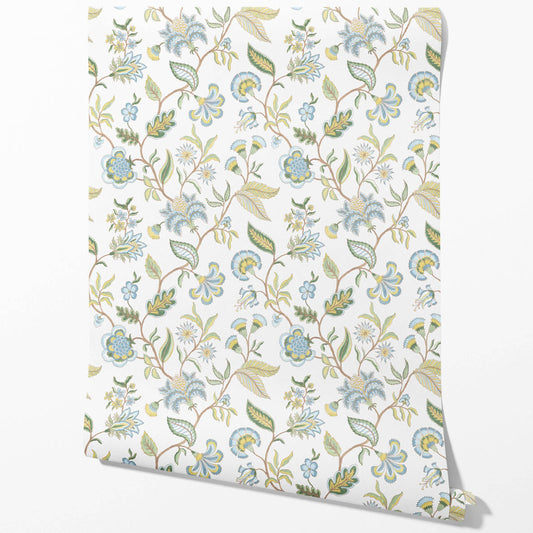 Botanical/ Floral Chinoiserie Traditional Wallpaper (Blue/ Green/ Yellow)