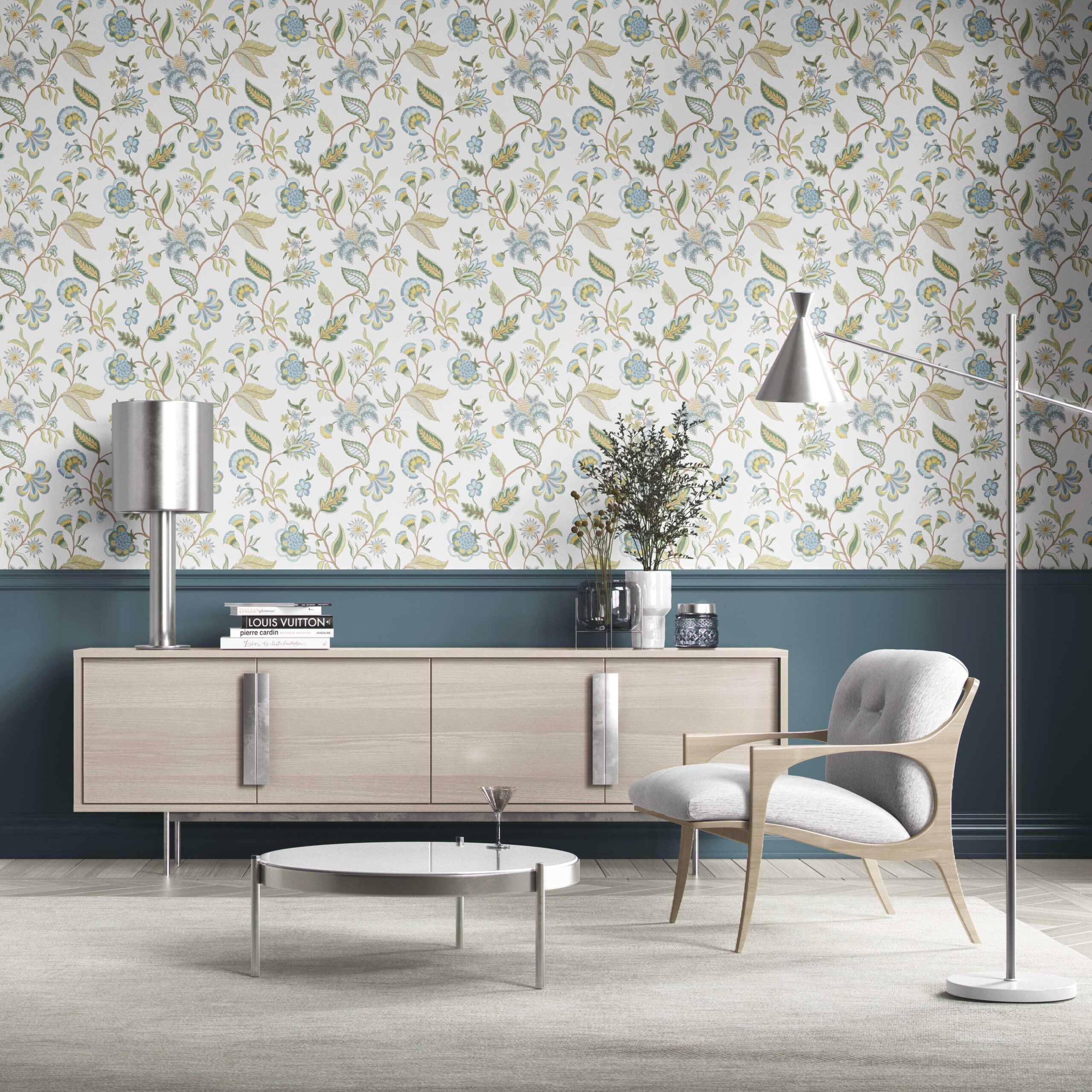 Botanical/ Floral Chinoiserie Kitchen Wallpaper (Blue/ Green/ Yellow)