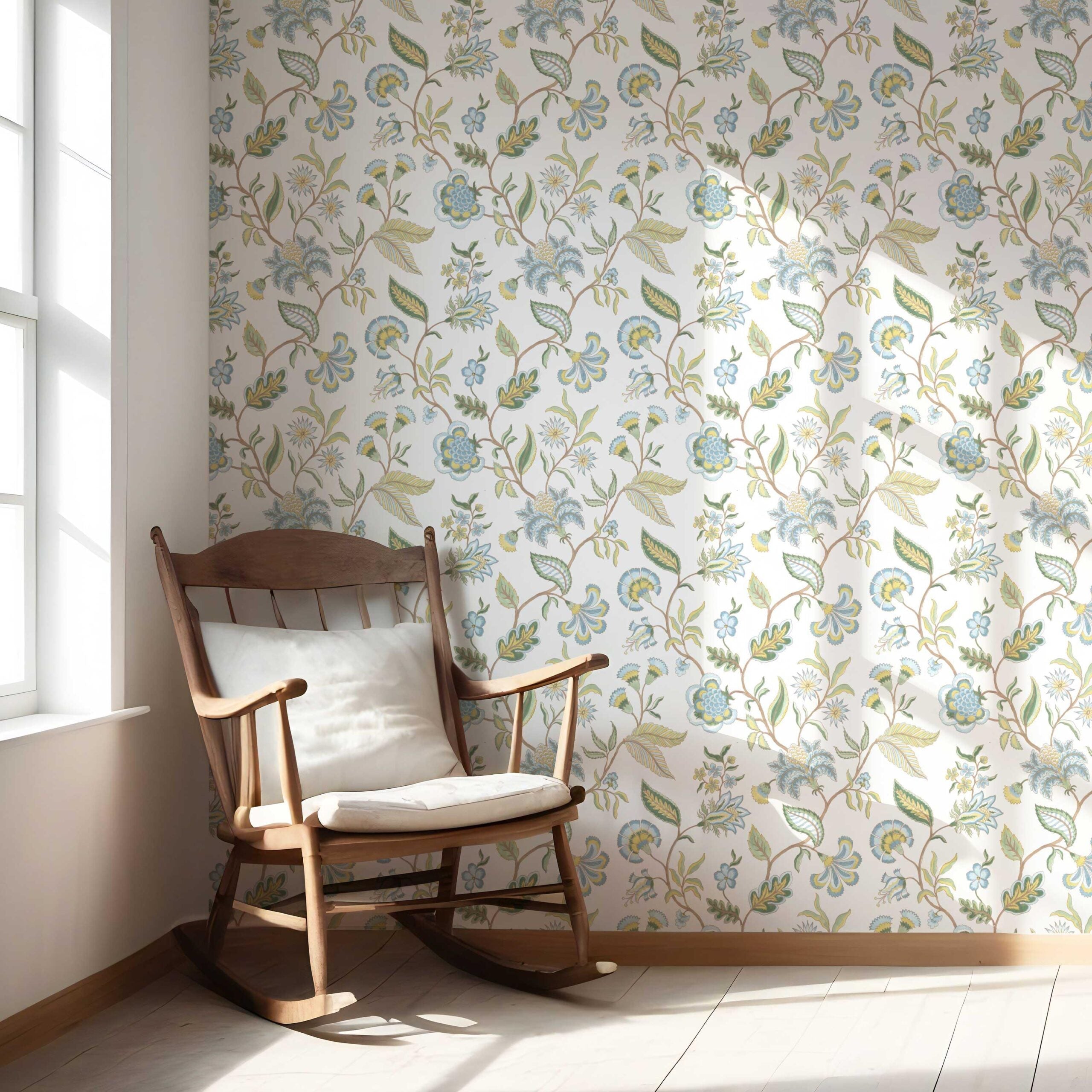 Botanical/ Floral Chinoiserie Nursery Wallpaper Sample (Blue/ Green/ Yellow)