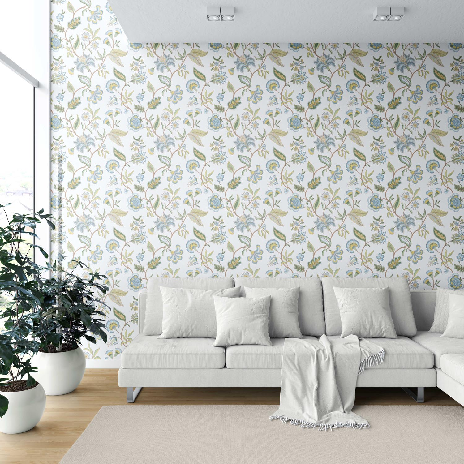 Botanical/ Floral Chinoiserie Shower Toilet Wallpaper (Blue/ Green/ Yellow)
