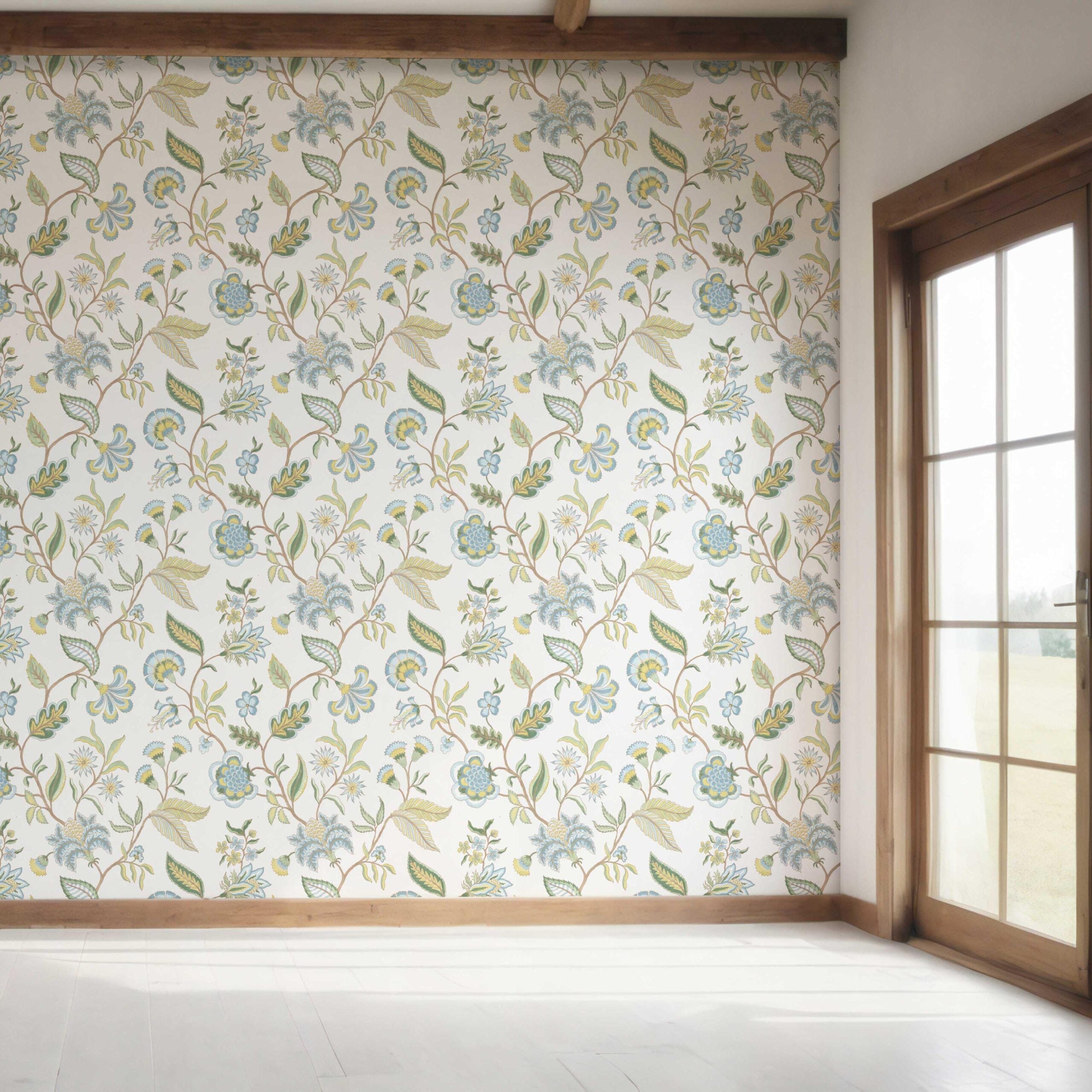 Botanical/ Floral Chinoiserie Bedroom Wallpaper (Blue/ Green/ Yellow)