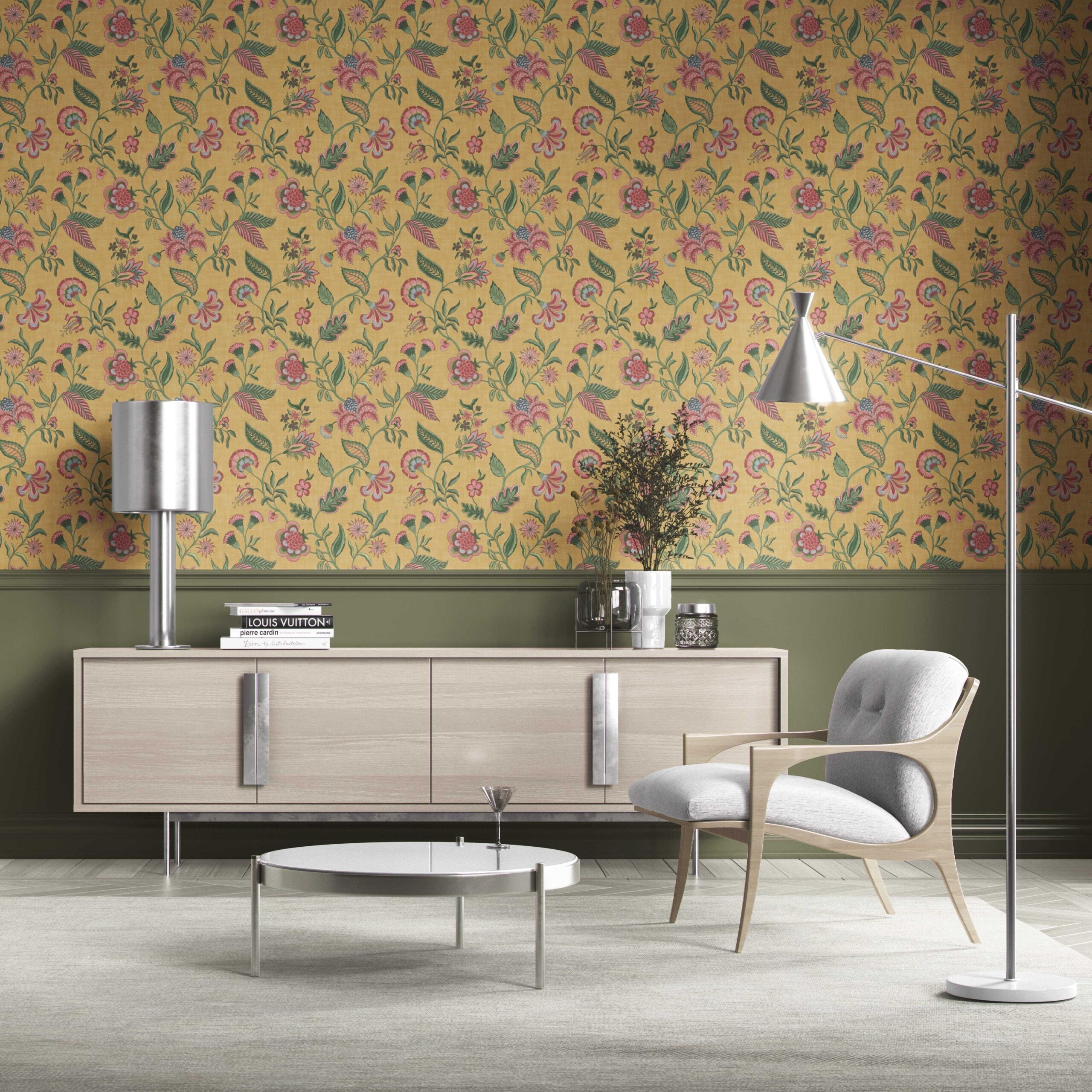 Botanical/ Floral Chinoiserie Kitchen Wallpaper (Mustard Yellow/ Pink/ Green/ Blue)