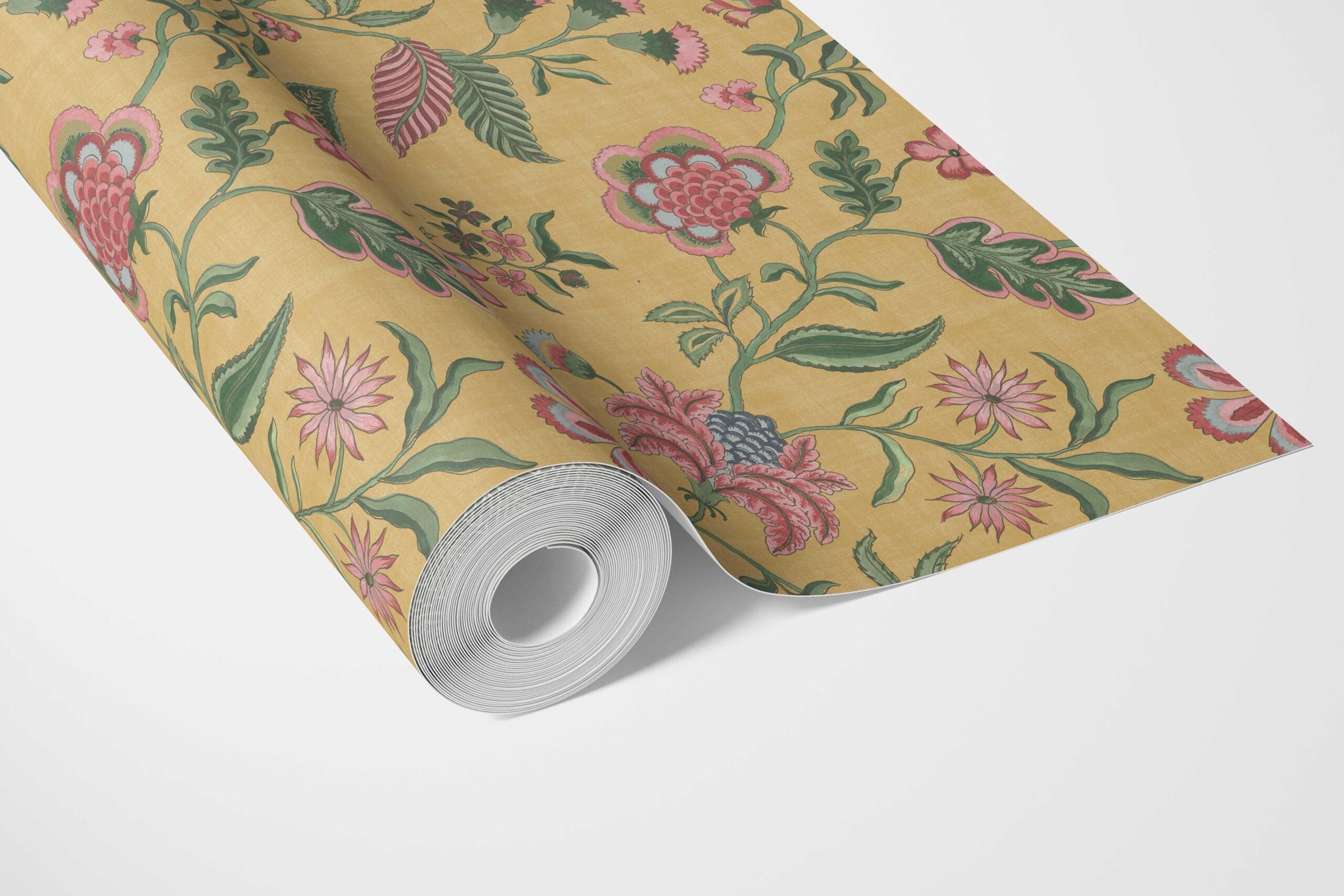 Botanical/ Floral Chinoiserie Bathroom Wallpaper Sample (Mustard Yellow/ Pink/ Green/ Blue)