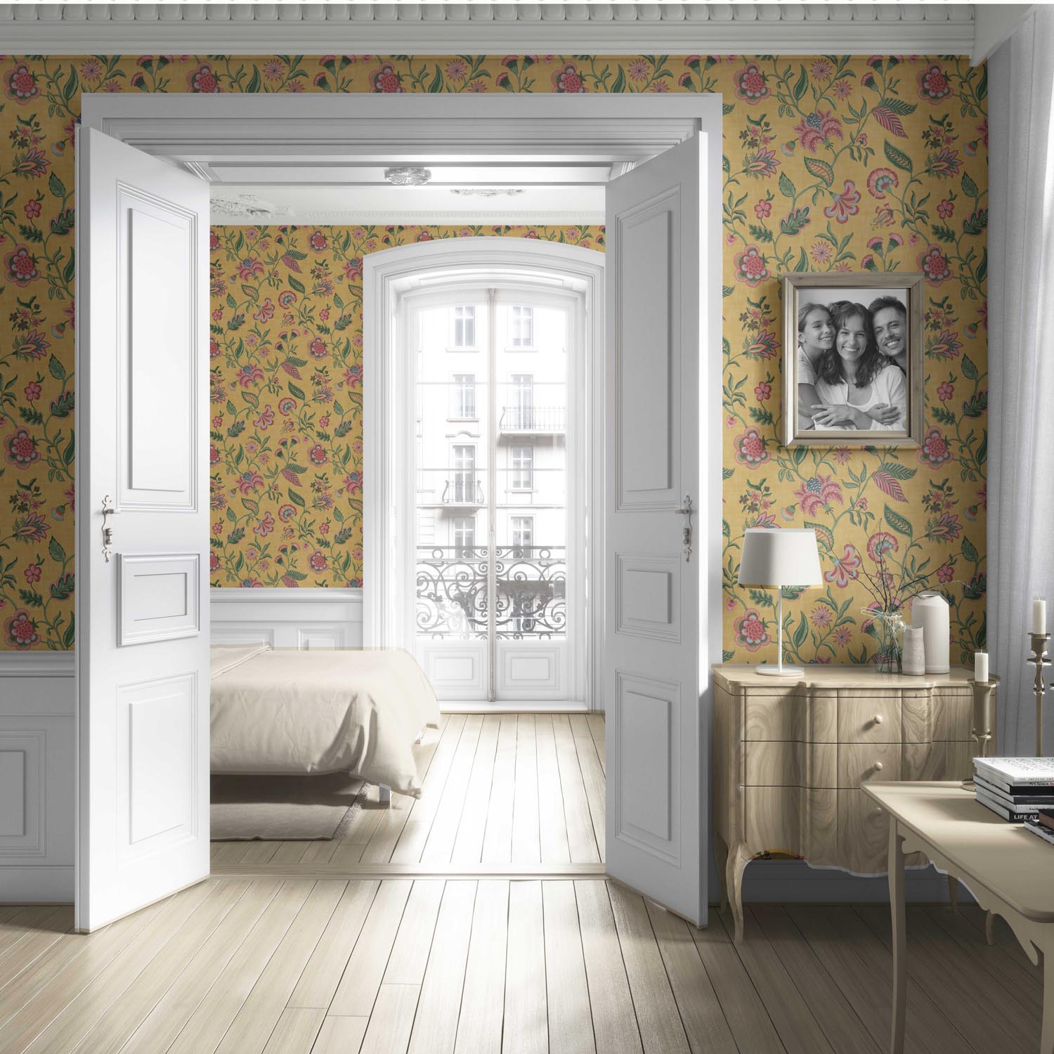 Botanical/ Floral Chinoiserie Living Room Wallpaper Sample (Mustard Yellow/ Pink/ Green/ Blue)