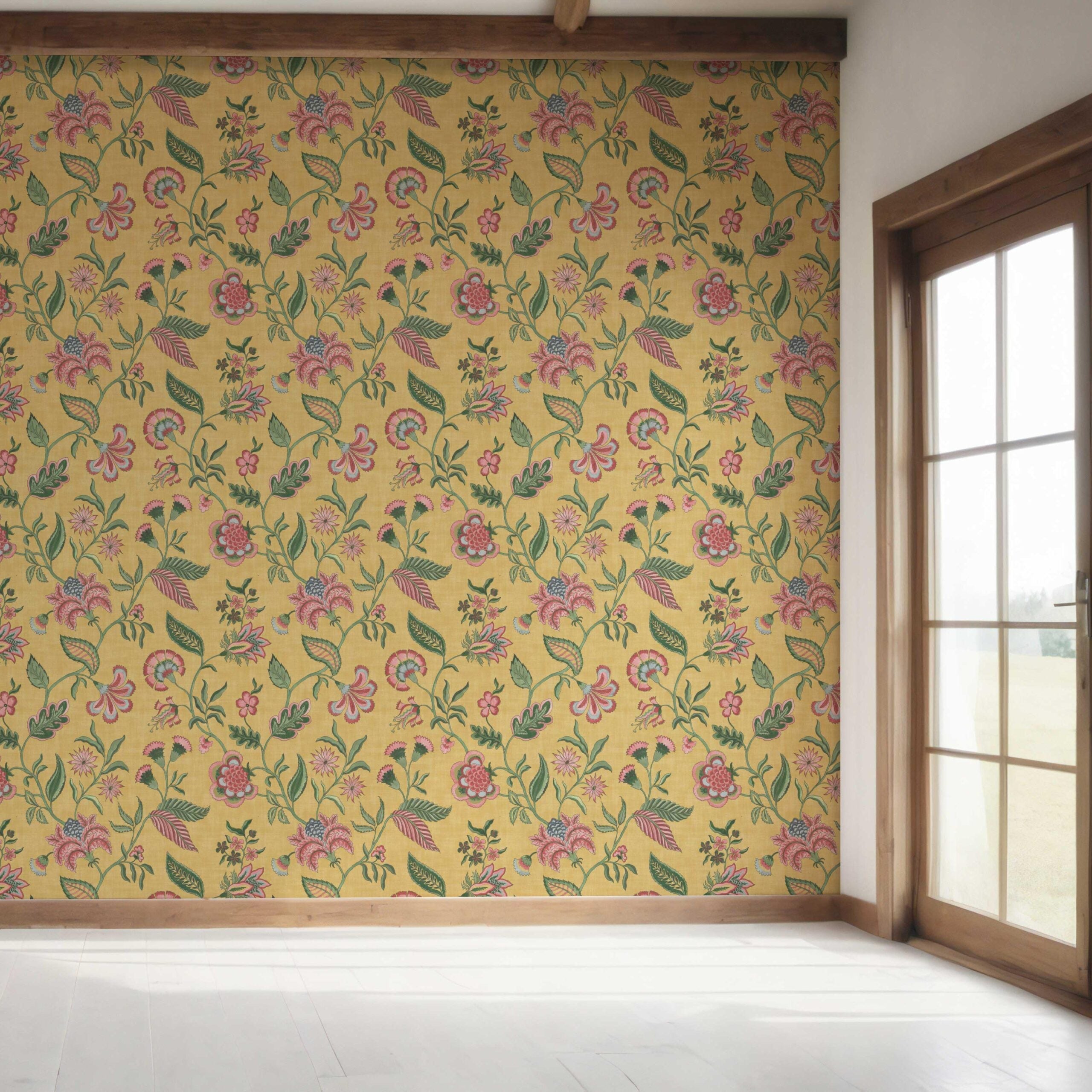 Botanical/ Floral Chinoiserie Bedroom Wallpaper Sample (Mustard Yellow/ Pink/ Green/ Blue)