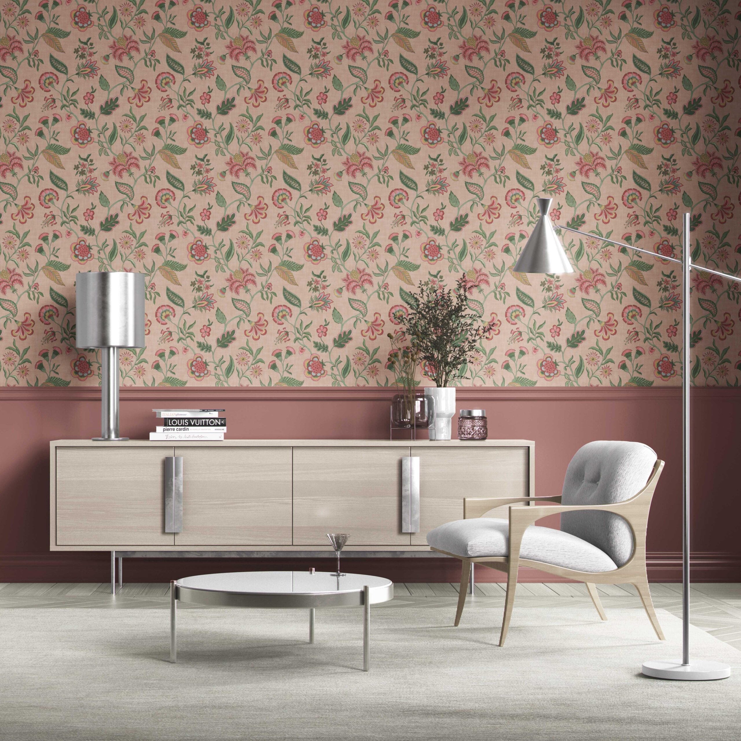 Botanical/ Floral Chinoiserie Kitchen Wallpaper Sample (Blush Pink/ Green/ Red/ Blue)