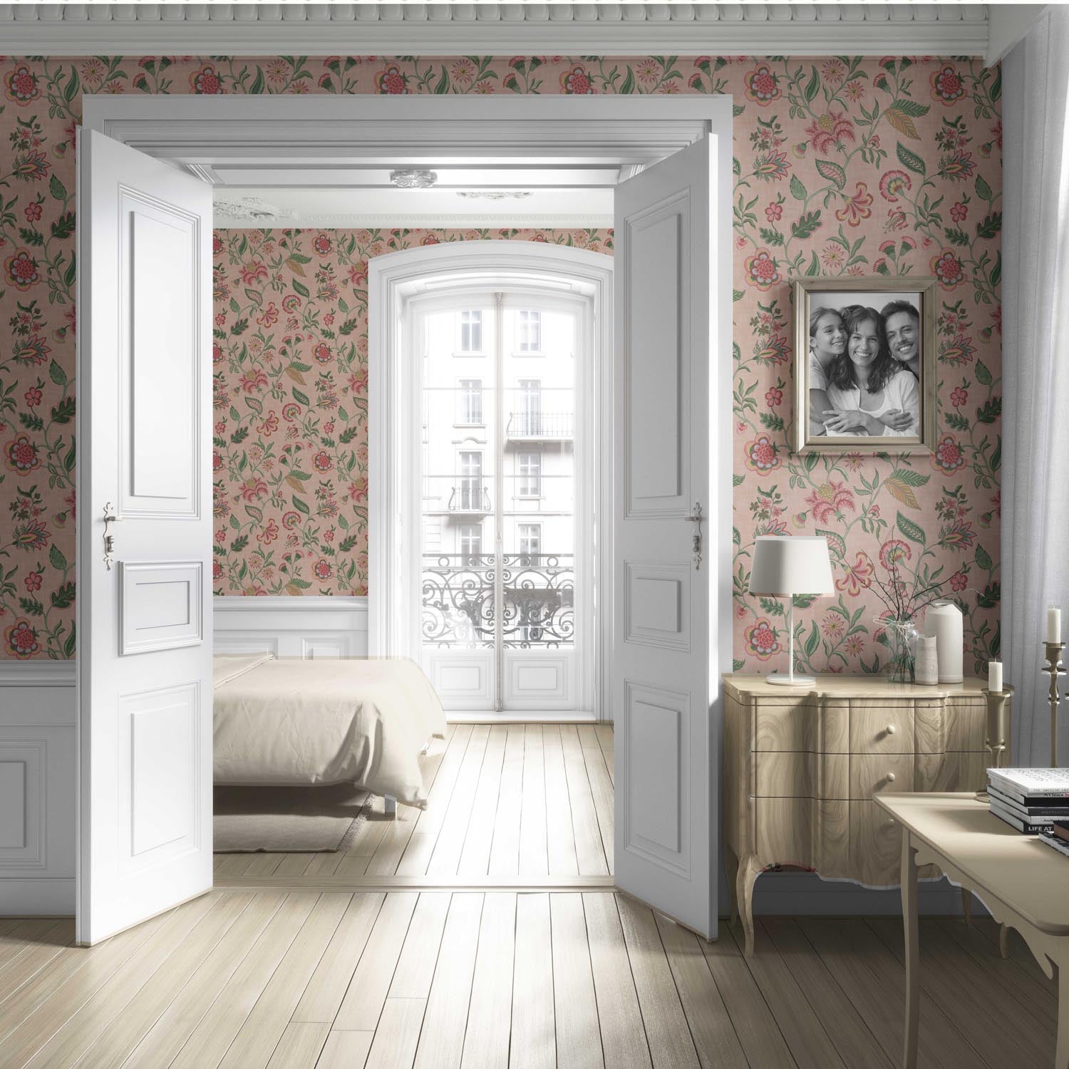 Botanical/ Floral Chinoiserie Living Room Wallpaper Sample (Blush Pink/ Green/ Red/ Blue)