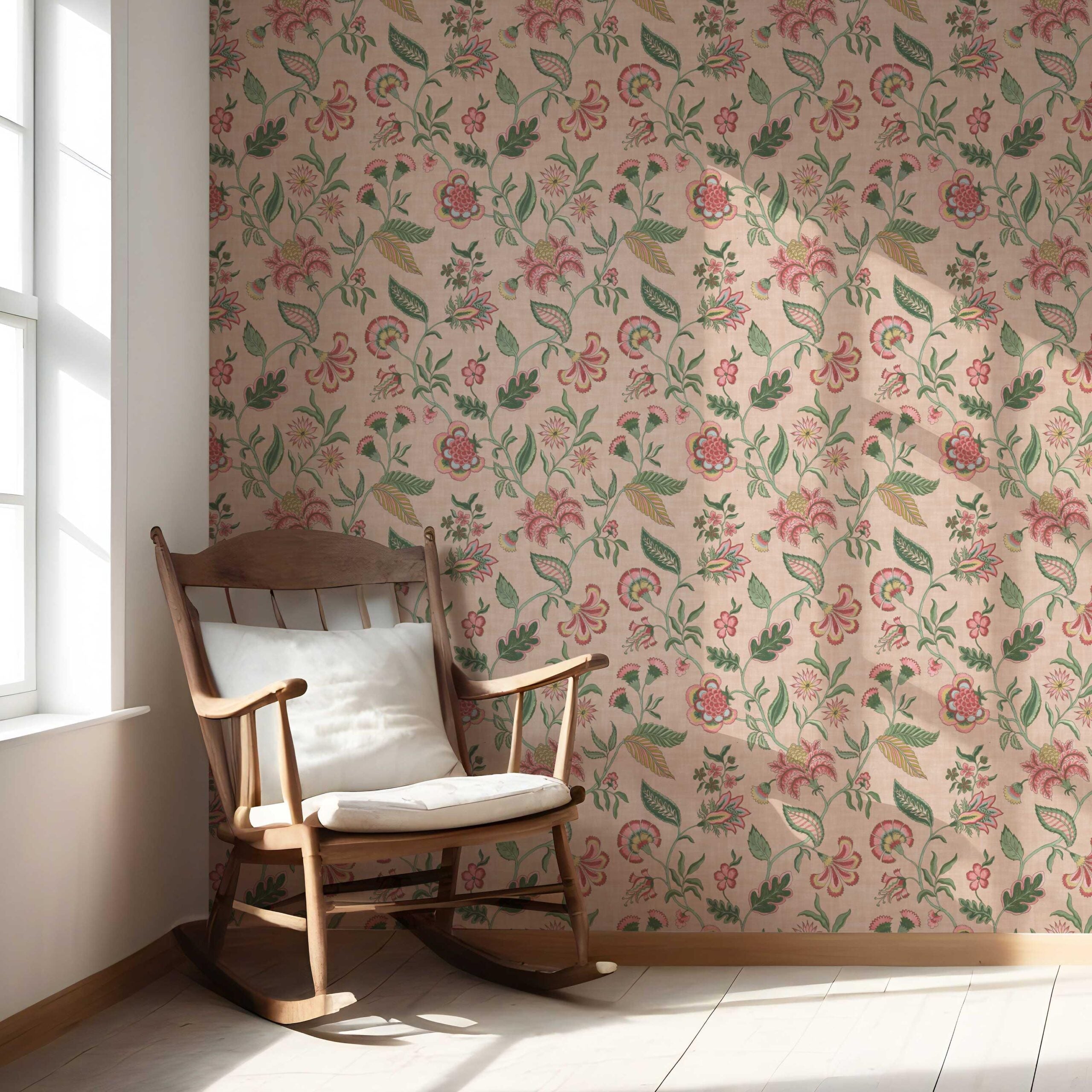 Botanical/ Floral Chinoiserie Nursery Wallpaper Sample (Blush Pink/ Green/ Red/ Blue)