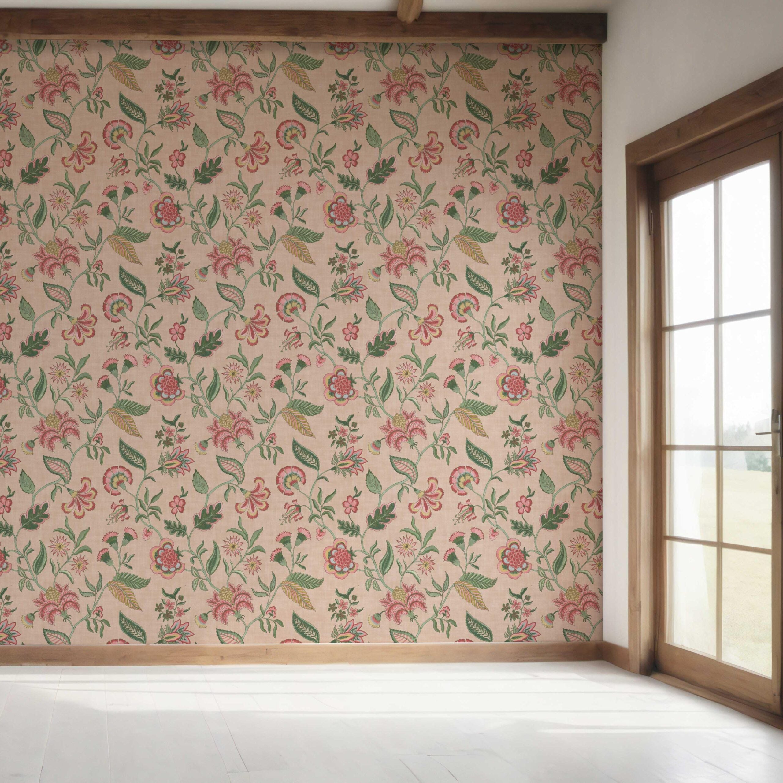 Botanical/ Floral Chinoiserie Bedroom Wallpaper Sample (Blush Pink/ Green/ Red/ Blue)