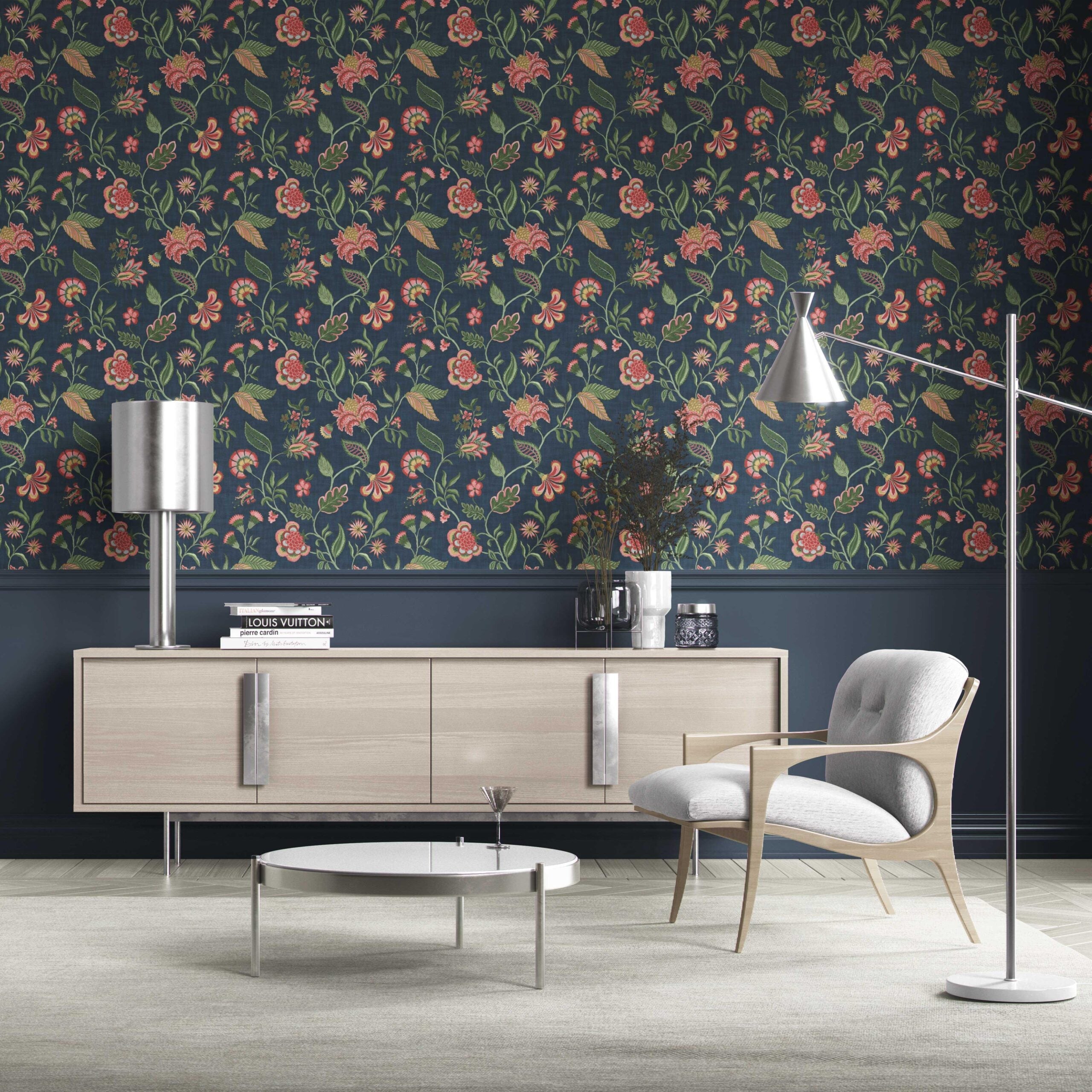 Botanical/ Floral Chinoiserie Kitchen Wallpaper (Navy Blue/ Pink/ Green/ Red)