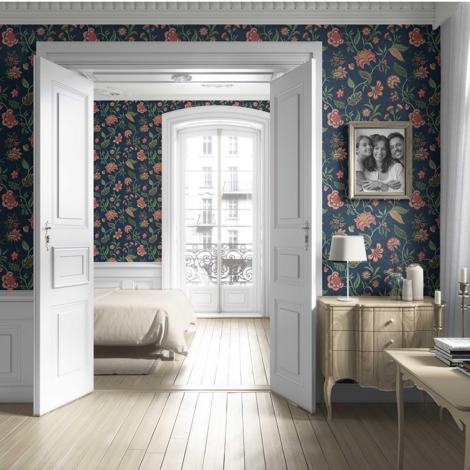 Botanical/ Floral Chinoiserie Living Room Wallpaper (Navy Blue/ Pink/ Green/ Red)