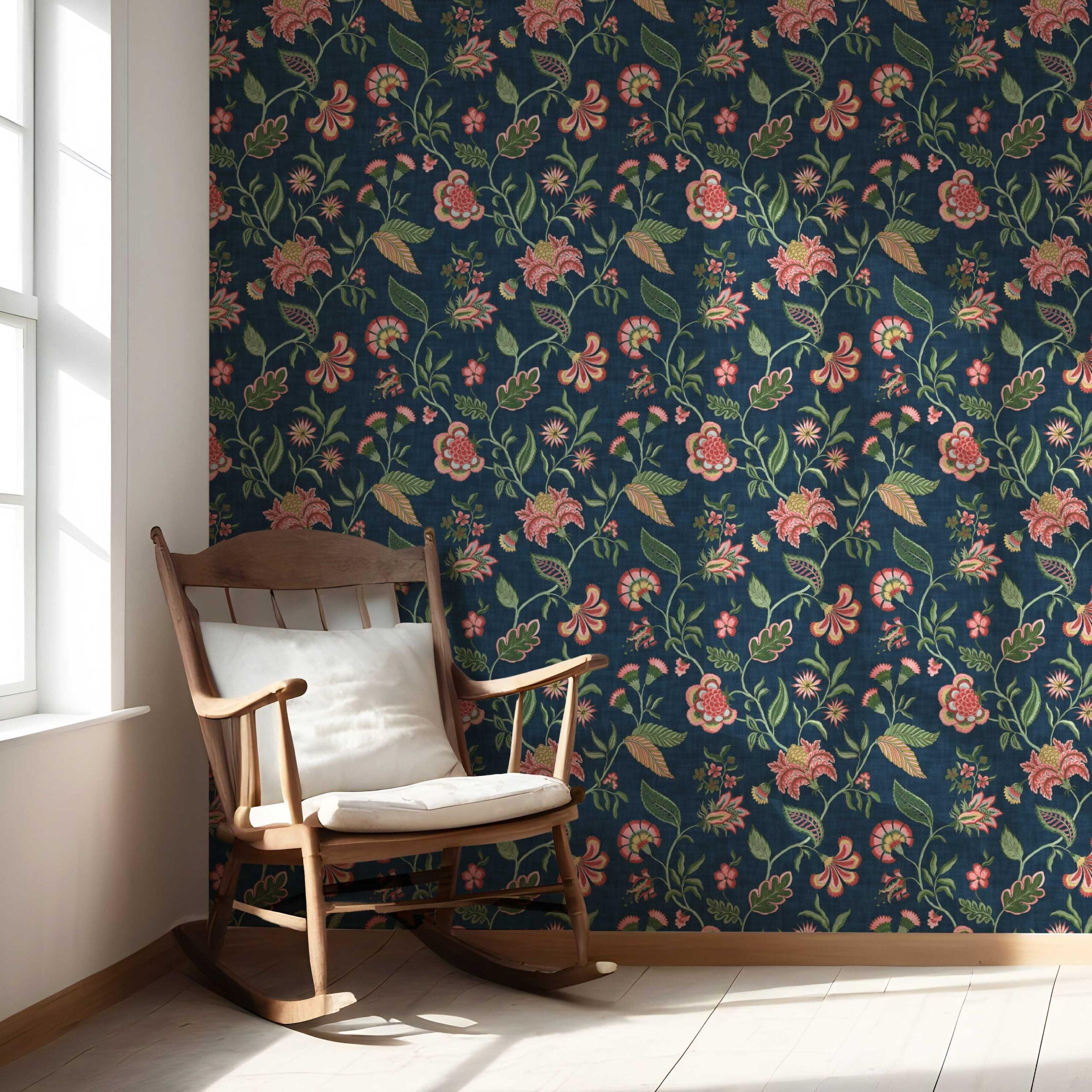 Botanical/ Floral Chinoiserie Nursery Wallpaper (Navy Blue/ Pink/ Green/ Red)