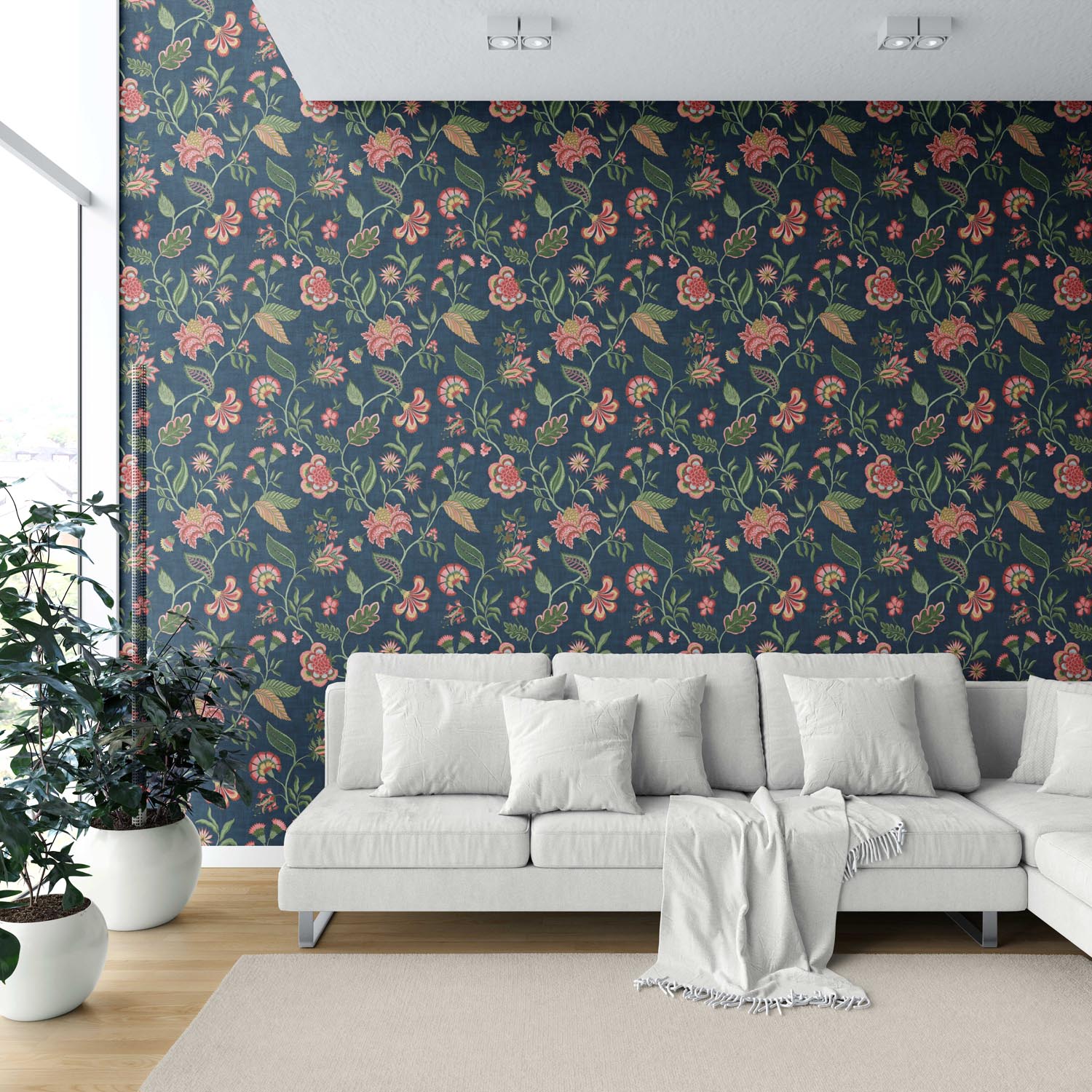 Botanical/ Floral Chinoiserie Shower Toilet Wallpaper Sample (Navy Blue/ Pink/ Green/ Red)