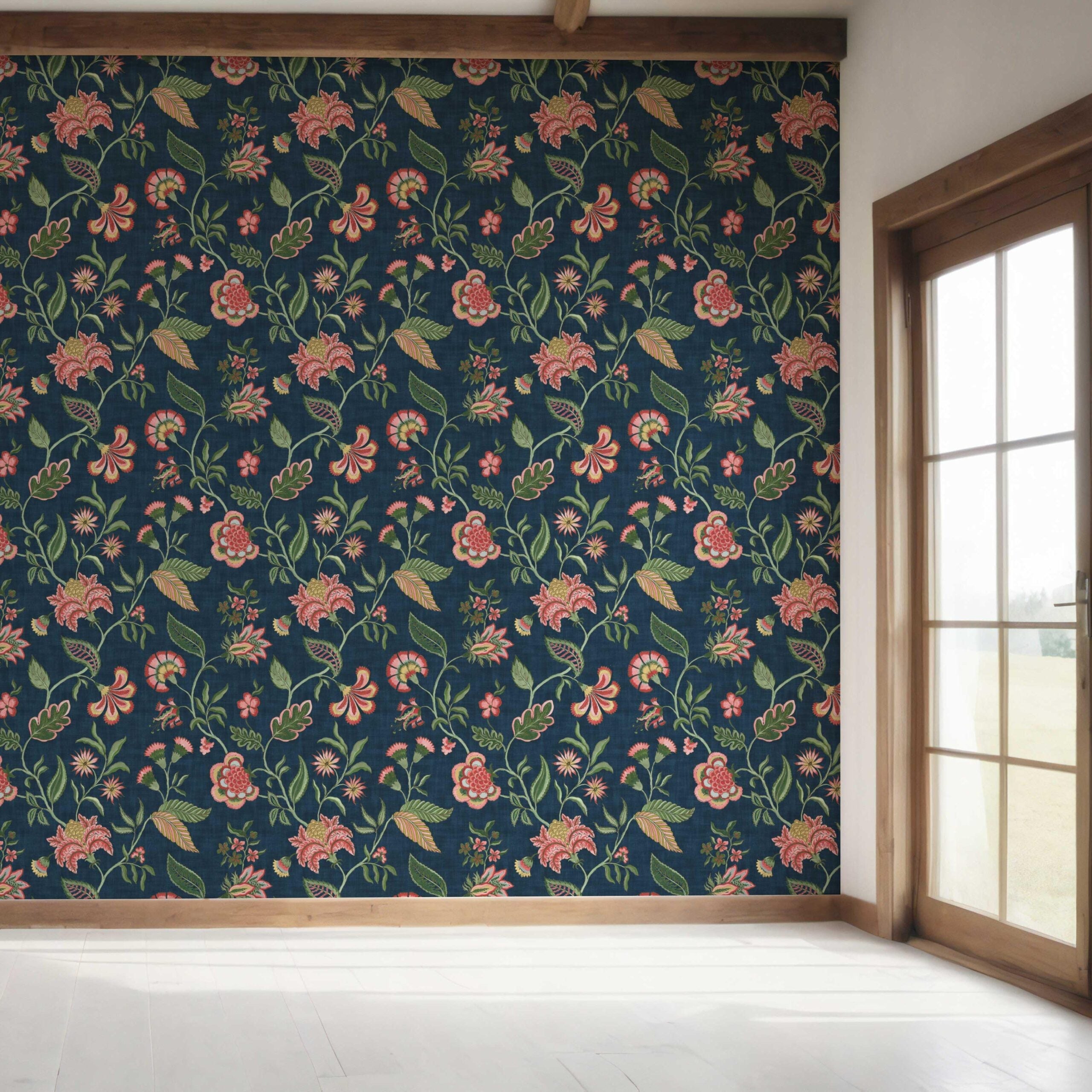 Botanical/ Floral Chinoiserie Bedroom Wallpaper (Navy Blue/ Pink/ Green/ Red)