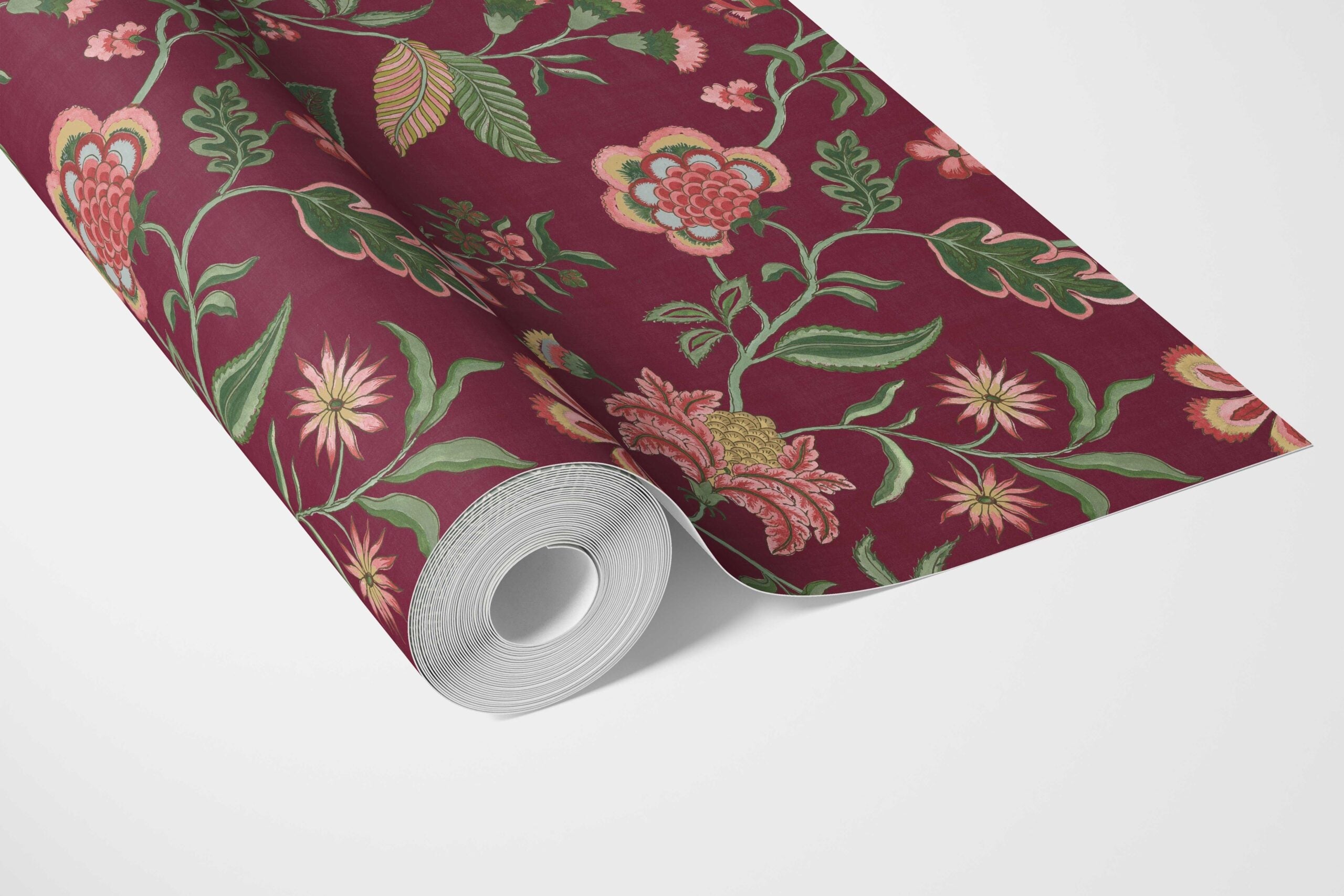 Botanical/ Floral Chinoiserie Bathroom Wallpaper (Maroon/ Red/ Pink/ Green)