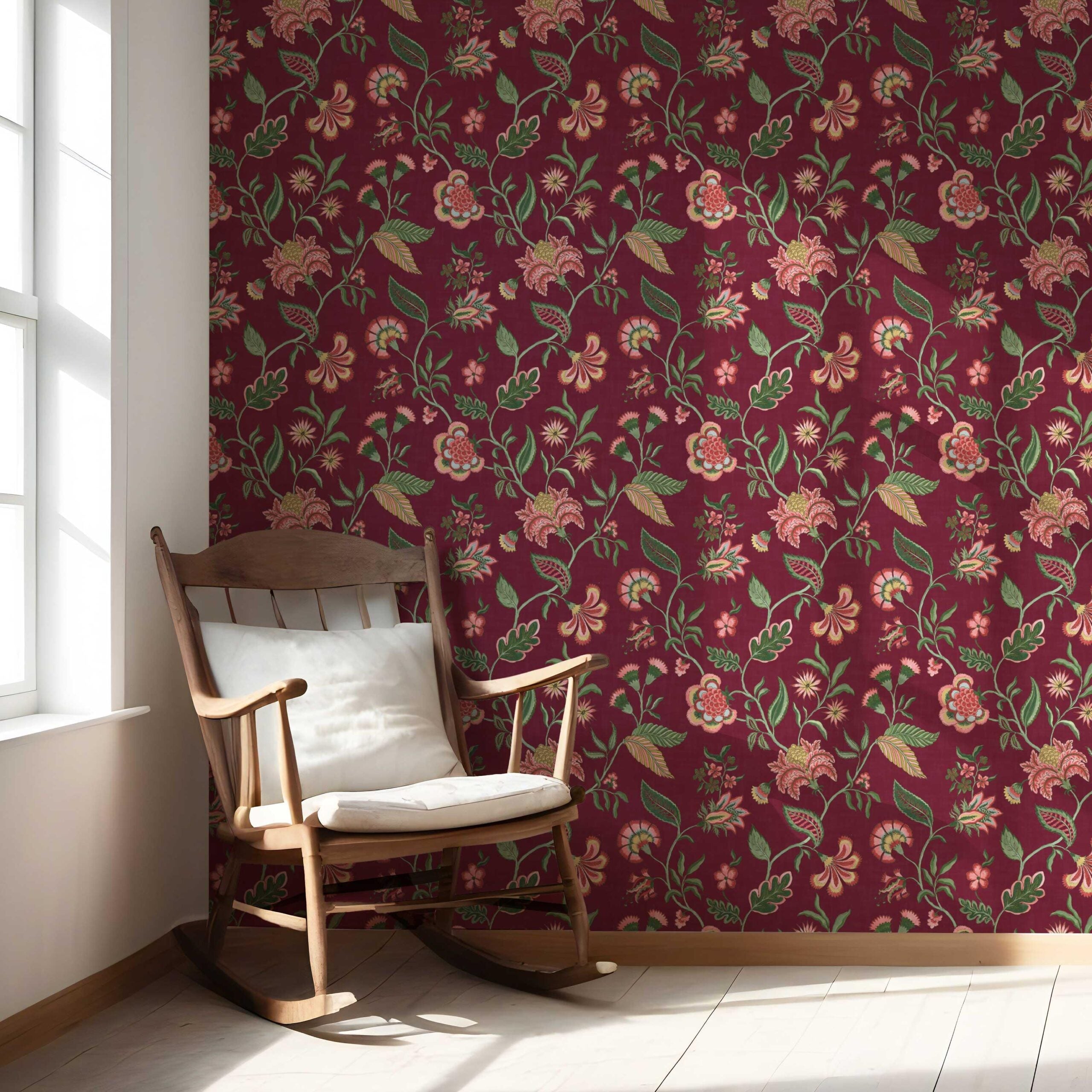 Botanical/ Floral Chinoiserie Nursery Wallpaper Sample (Maroon/ Red/ Pink/ Green)