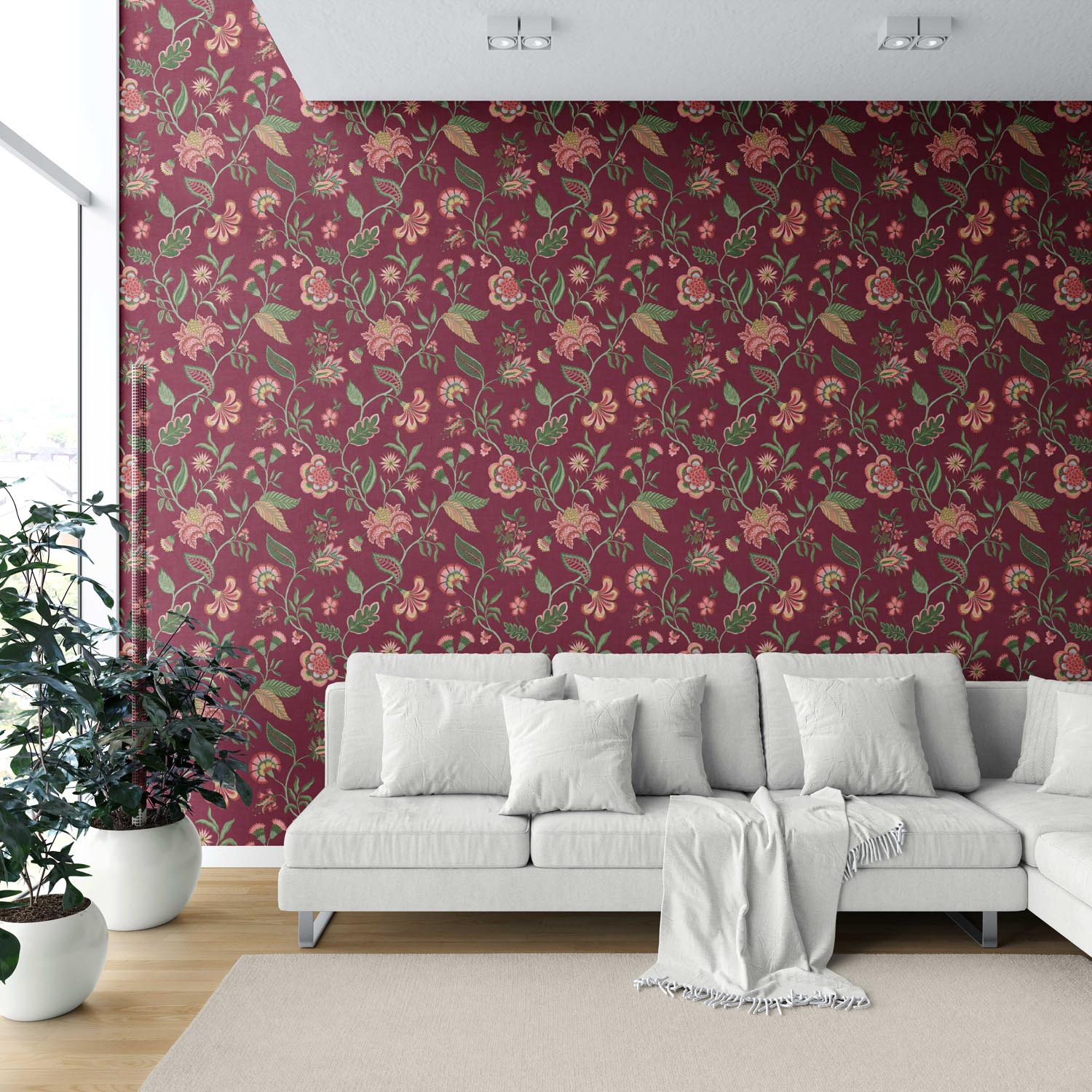 Botanical/ Floral Chinoiserie Shower Toilet Wallpaper Sample (Maroon/ Red/ Pink/ Green)