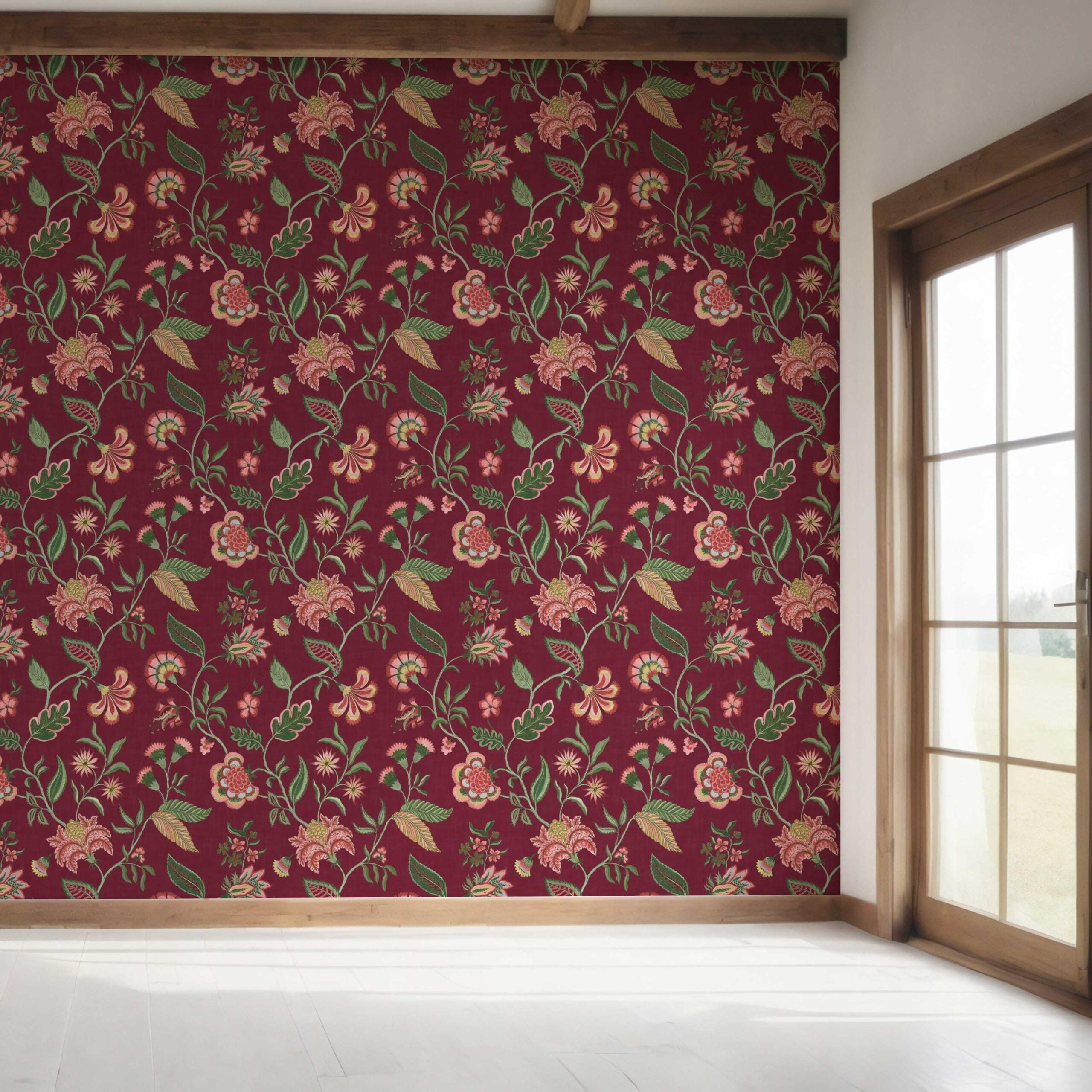 Botanical/ Floral Chinoiserie Bedroom Wallpaper Sample (Maroon/ Red/ Pink/ Green)