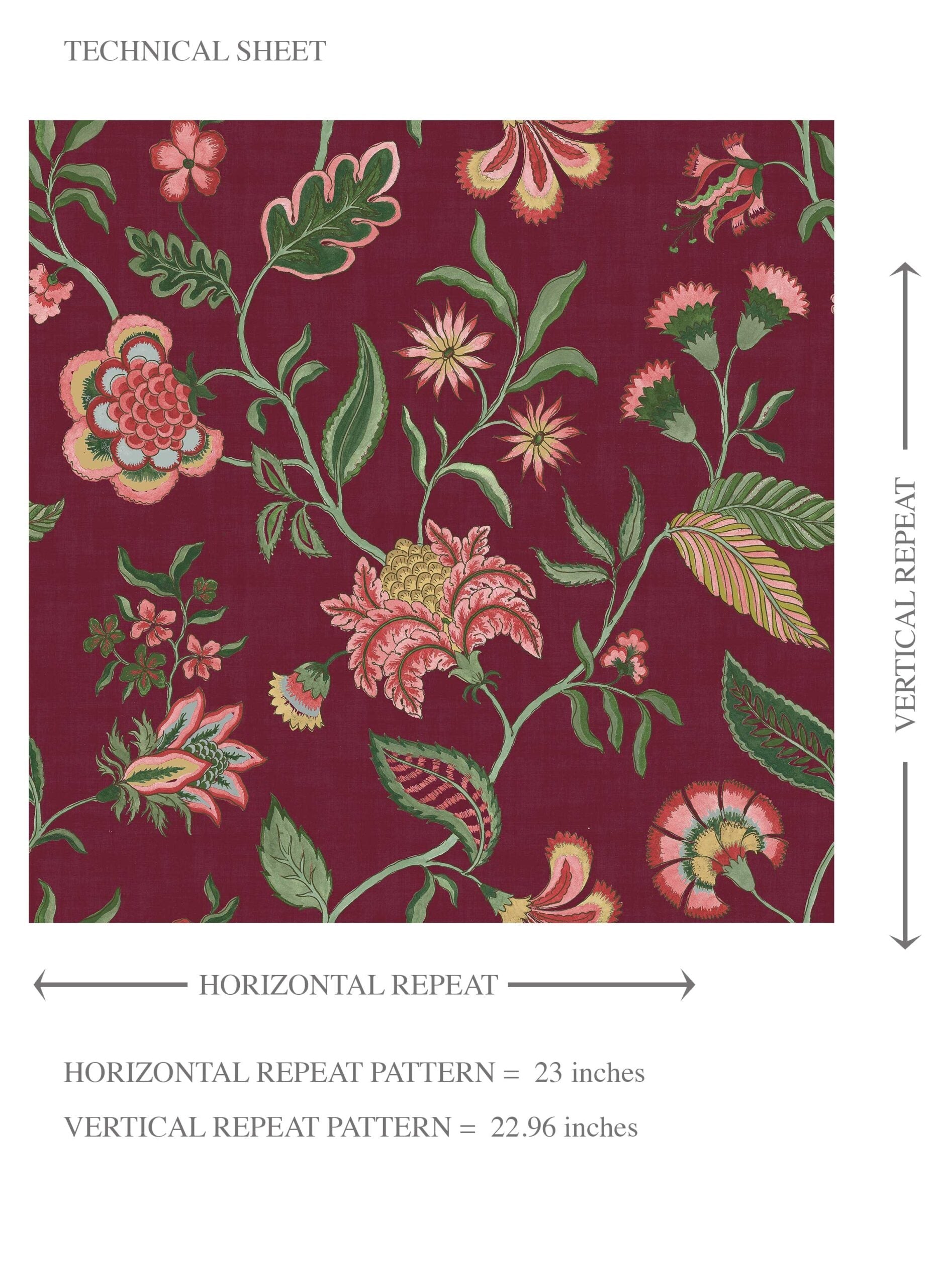 Botanical/ Floral Chinoiserie Kids Room Wallpaper Sample (Maroon/ Red/ Pink/ Green)
