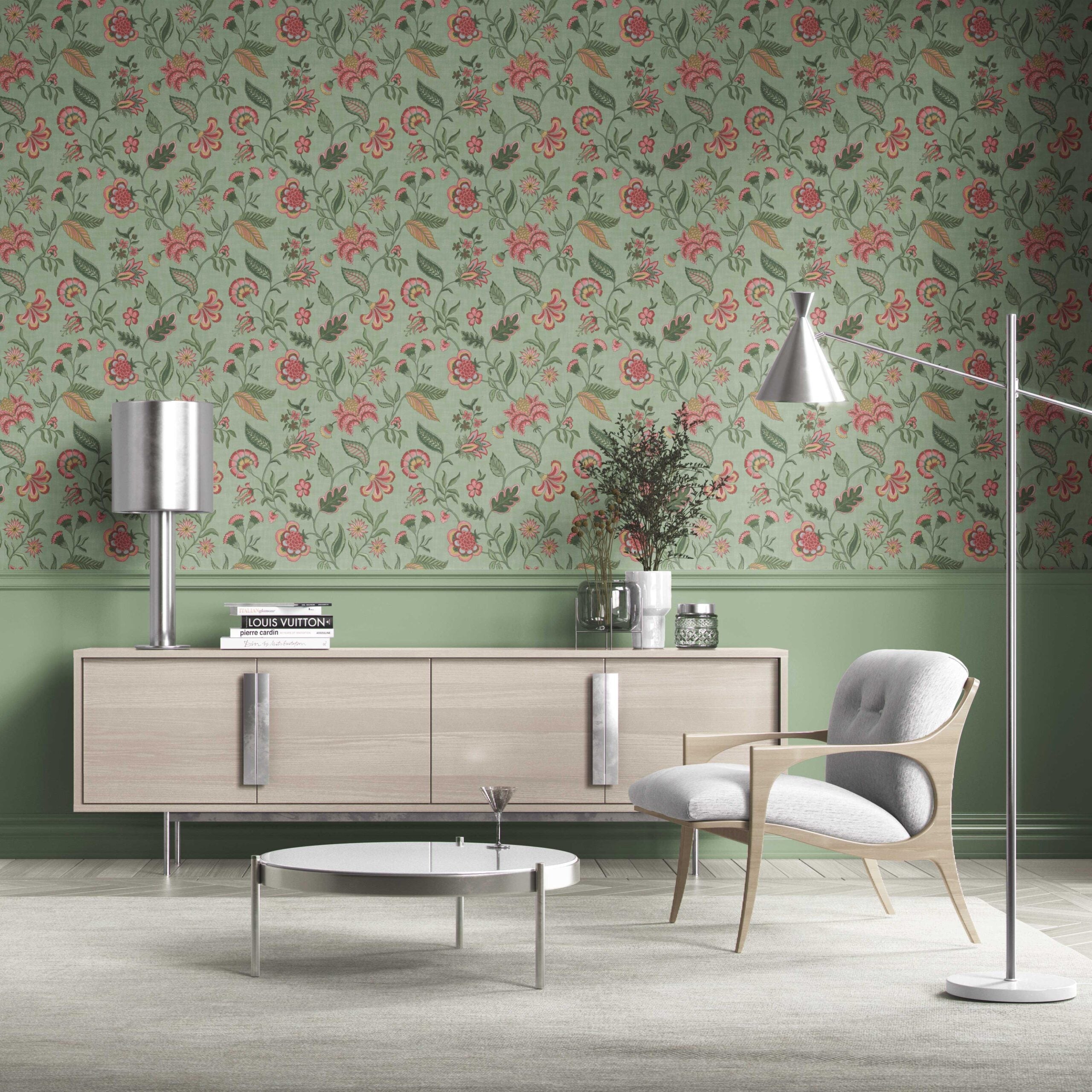 Botanical/ Floral Chinoiserie Kitchen Wallpaper Sample (Sage Green/ Pink/ Red/ Blue)