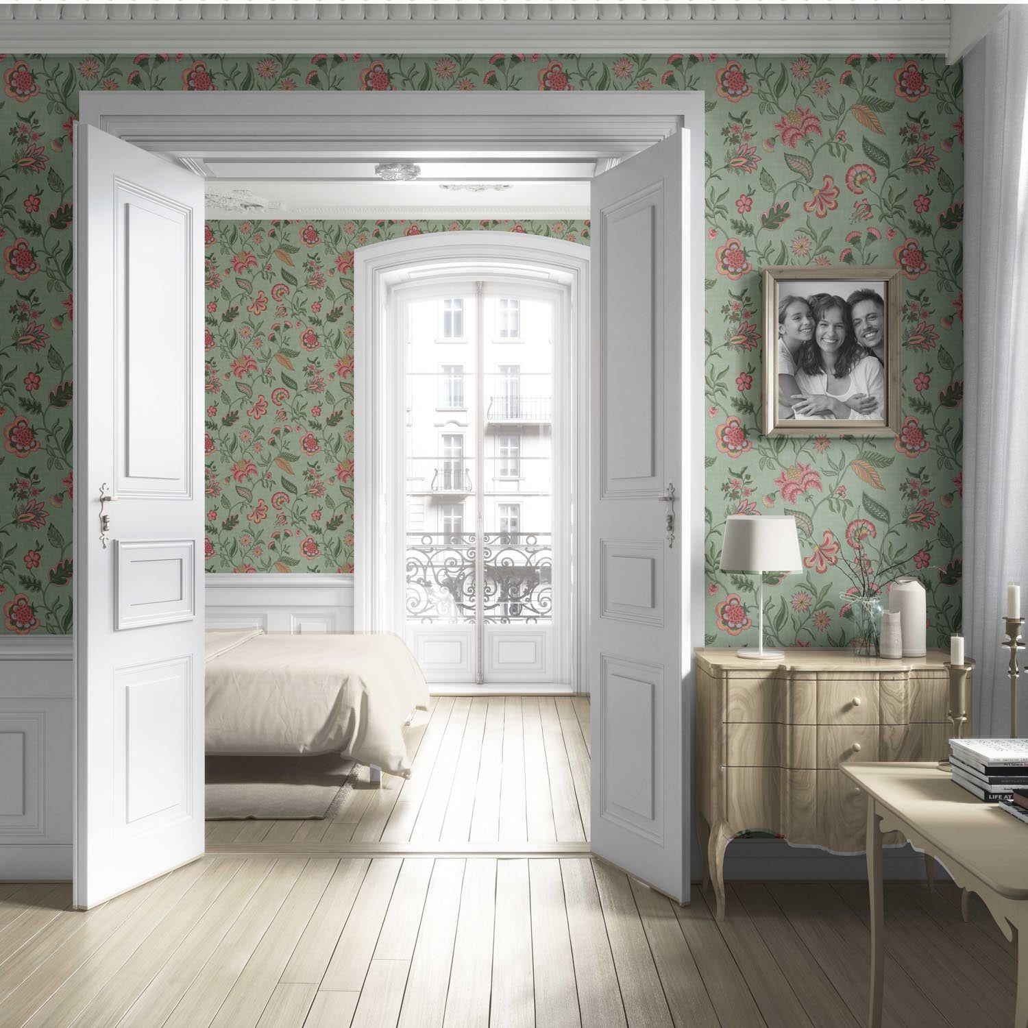 Botanical/ Floral Chinoiserie Living Room Wallpaper (Sage Green/ Pink/ Red/ Blue)