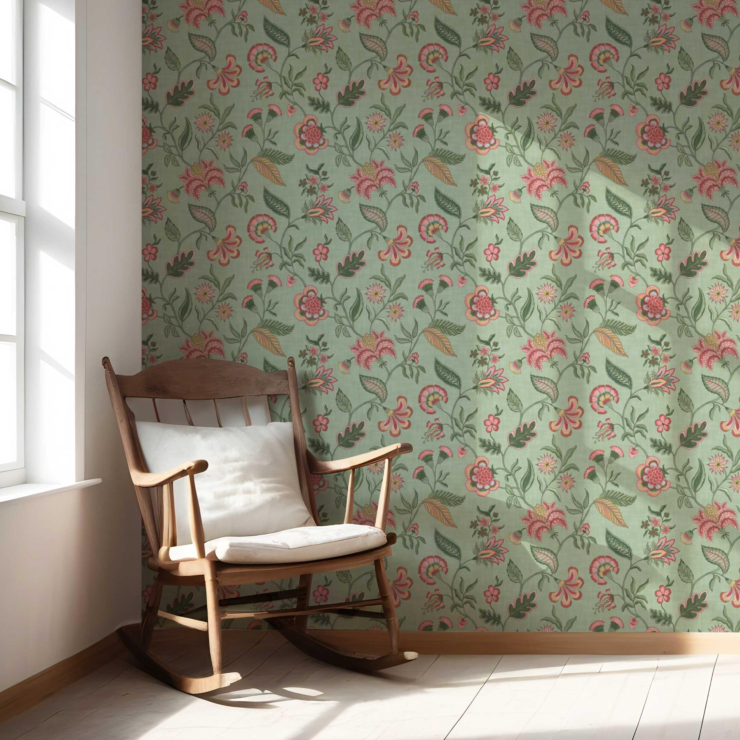 Botanical/ Floral Chinoiserie Nursery Wallpaper (Sage Green/ Pink/ Red/ Blue)